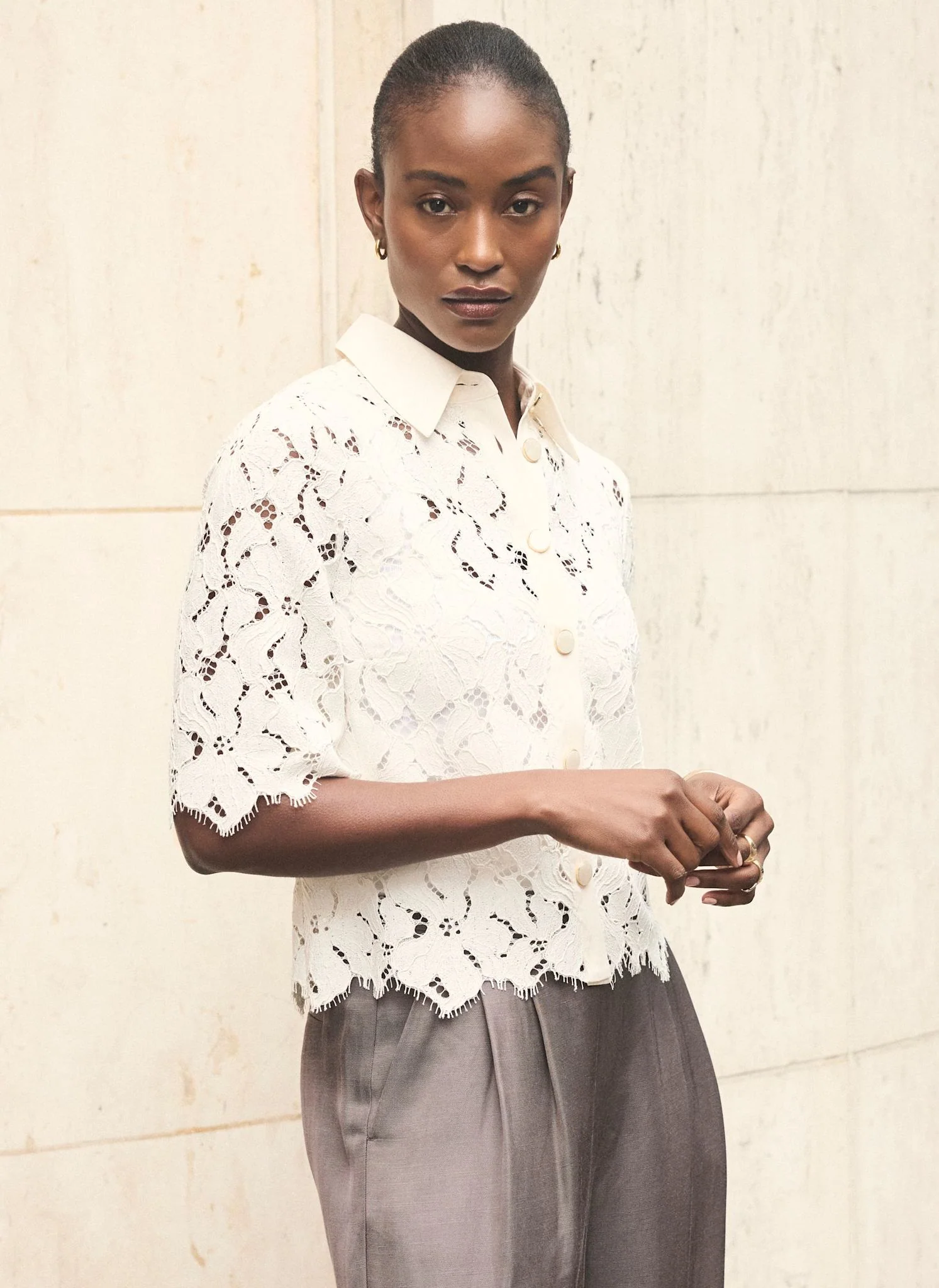 White Lace Short Sleeve Cropped Shirt - Image 5