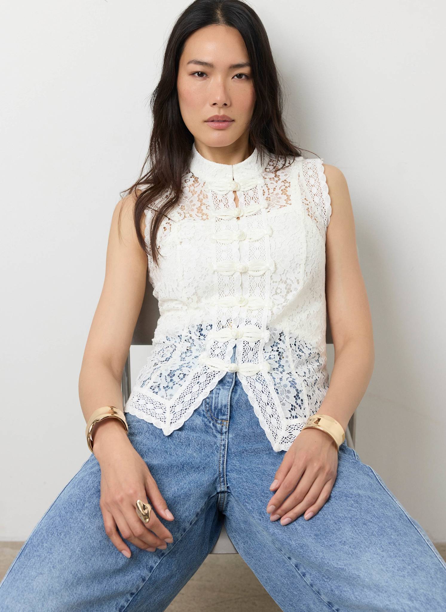 White Lace Stand Collar Top - Image 3