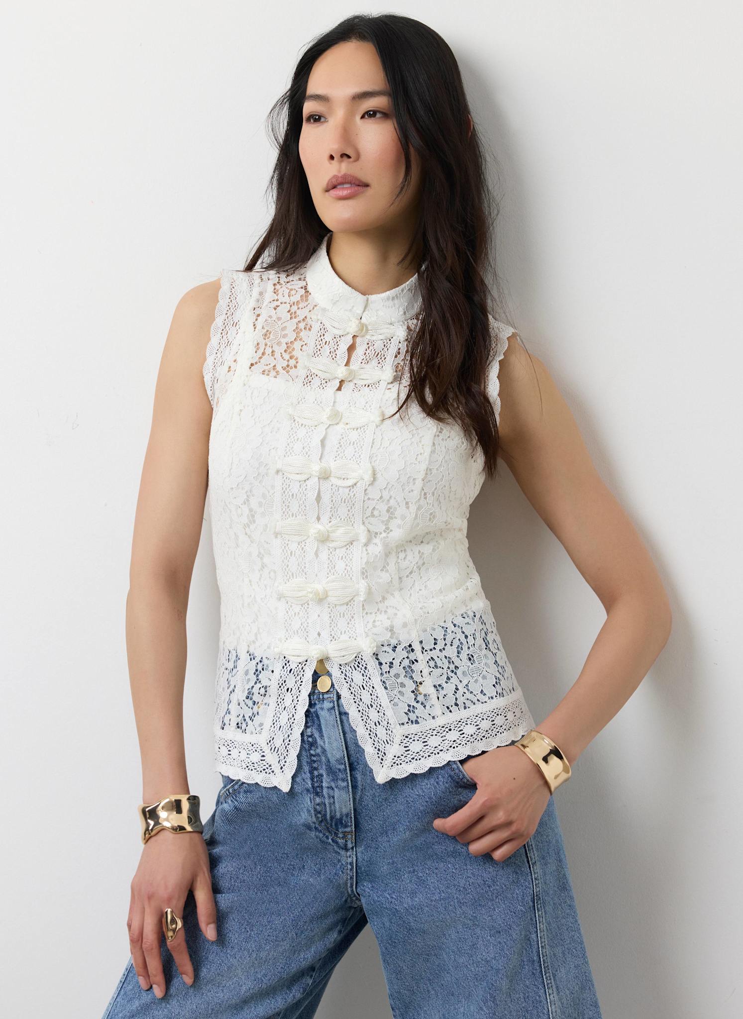 White Lace Stand Collar Top - Image 5