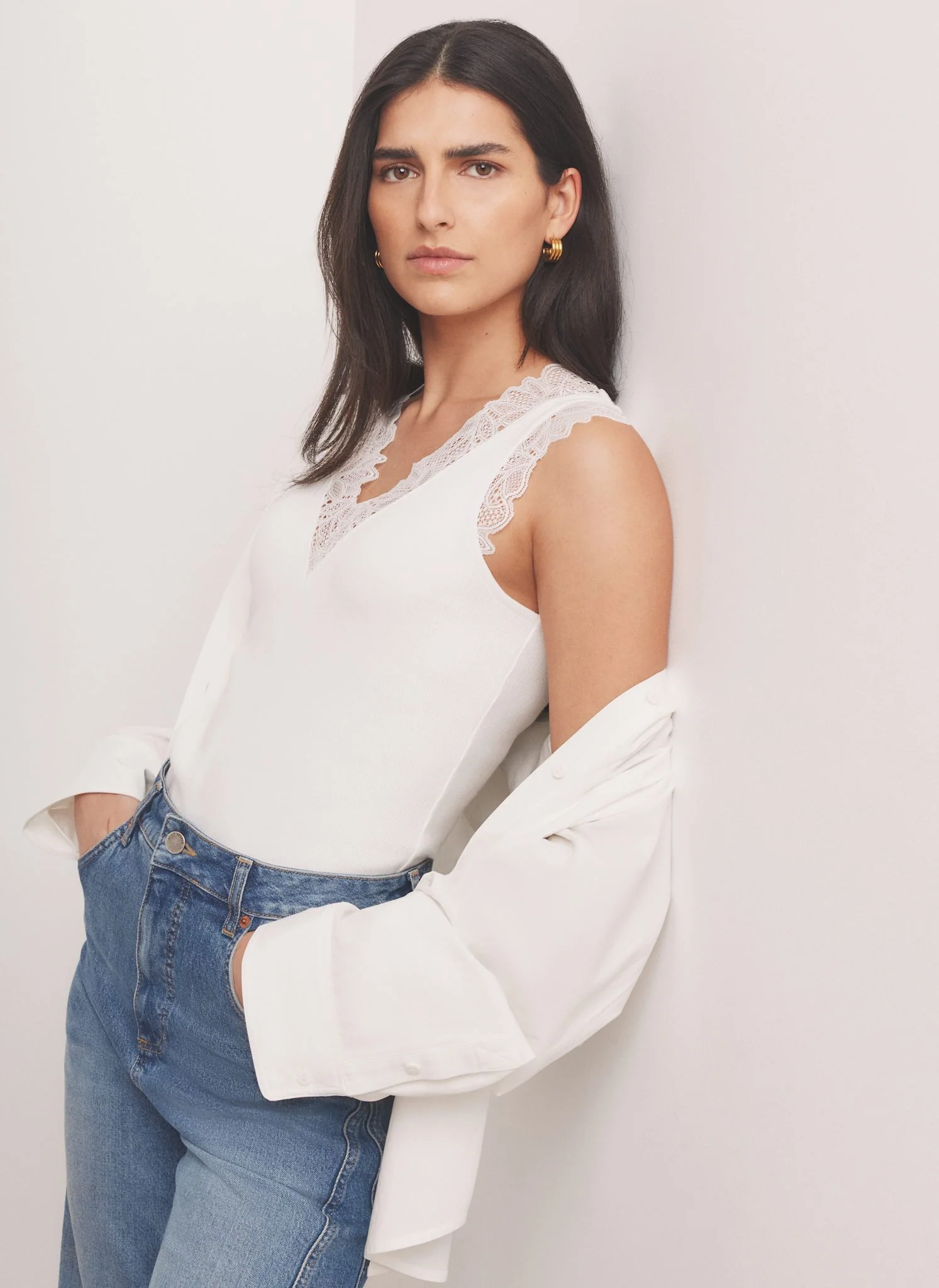 White Cotton Blend Lace Detail Top - Image 3
