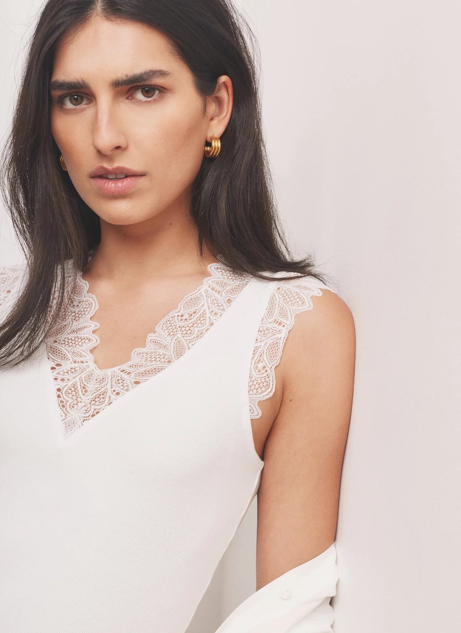 White Cotton Blend Lace Detail Top - Image 5