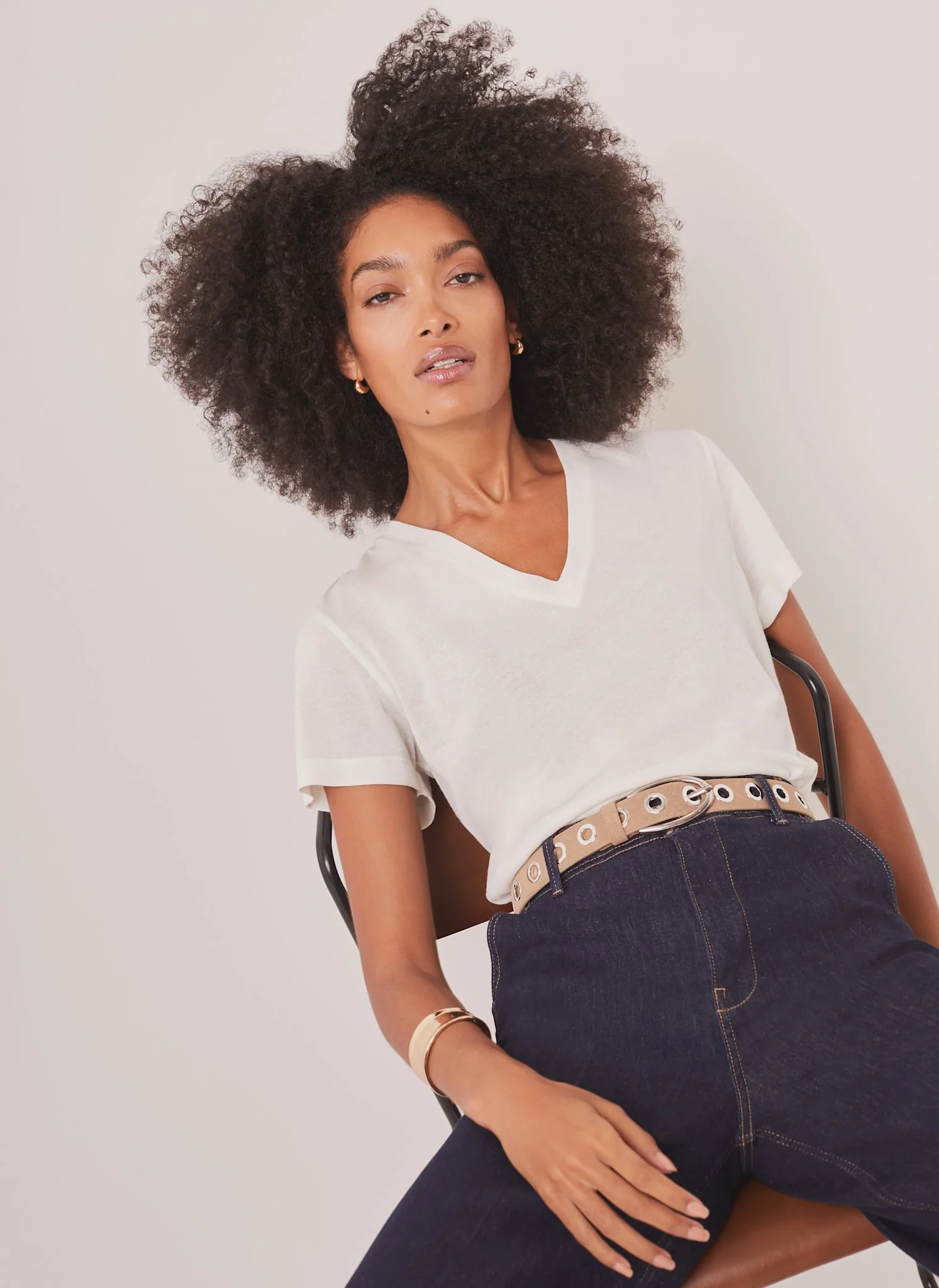 White Linen Blend V-Neck T-Shirt