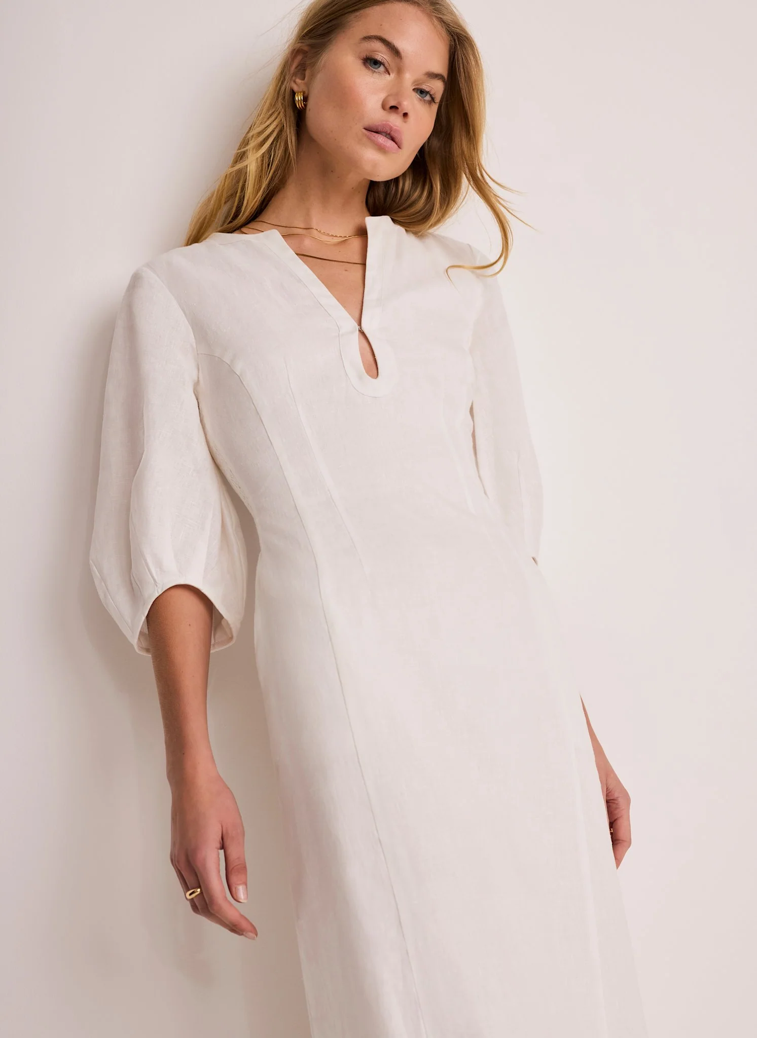 White Linen Puff Sleeve Midi Dress - Image 3