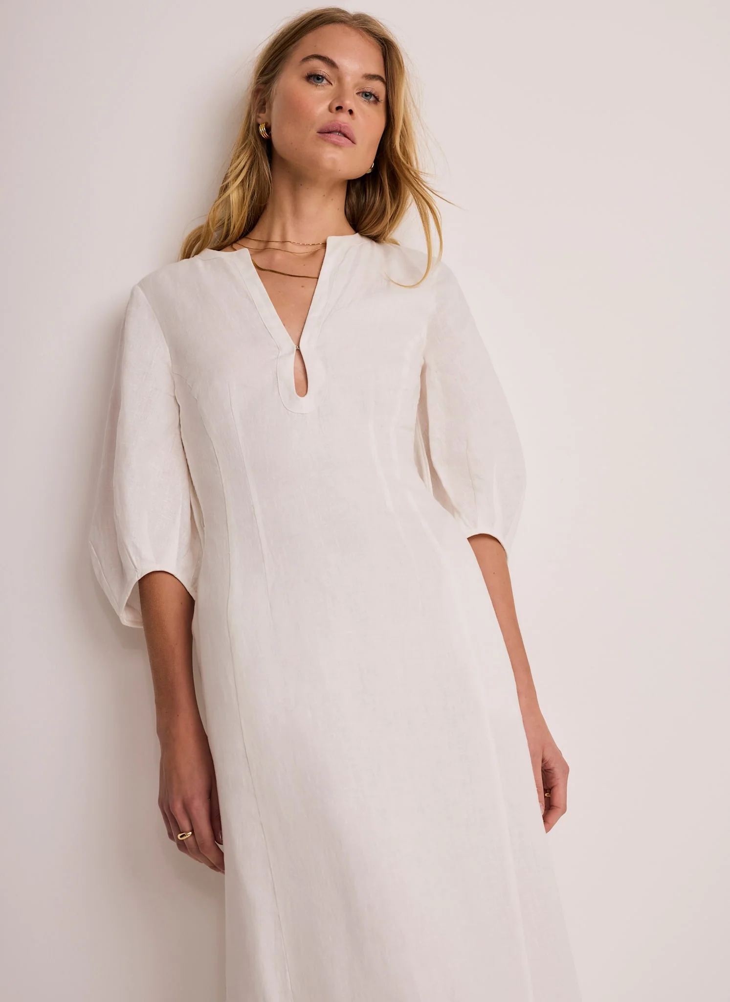 White Linen Puff Sleeve Midi Dress - Image 5