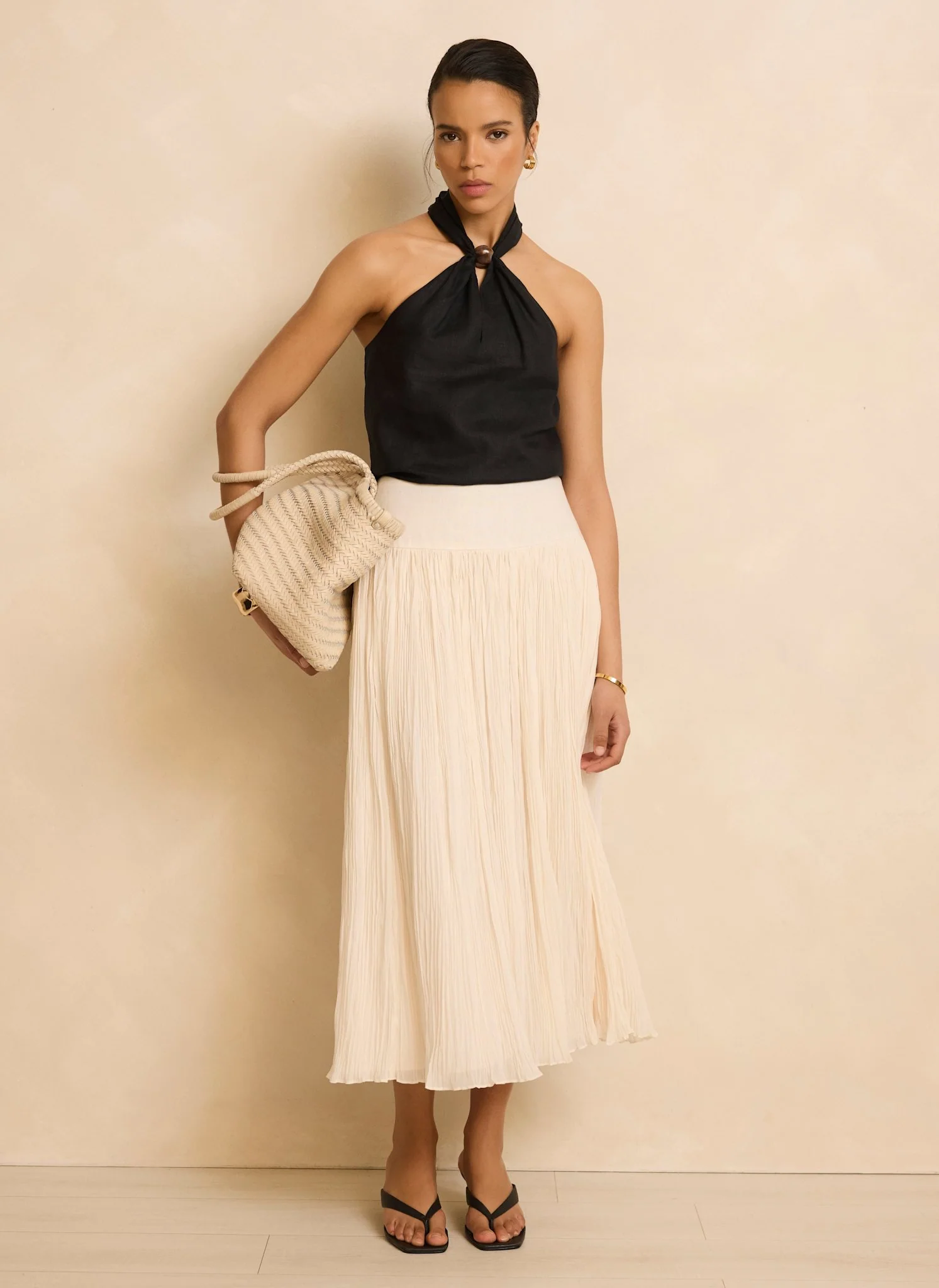 Cream Drop Waist Crinkle Midi Skirt - Image 2