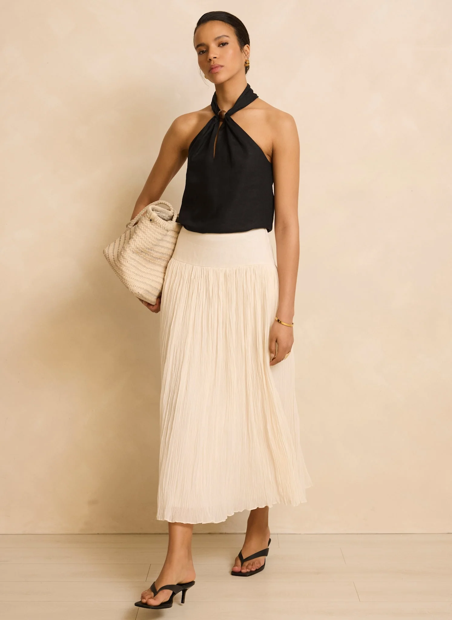 Cream Drop Waist Crinkle Midi Skirt - Image 4
