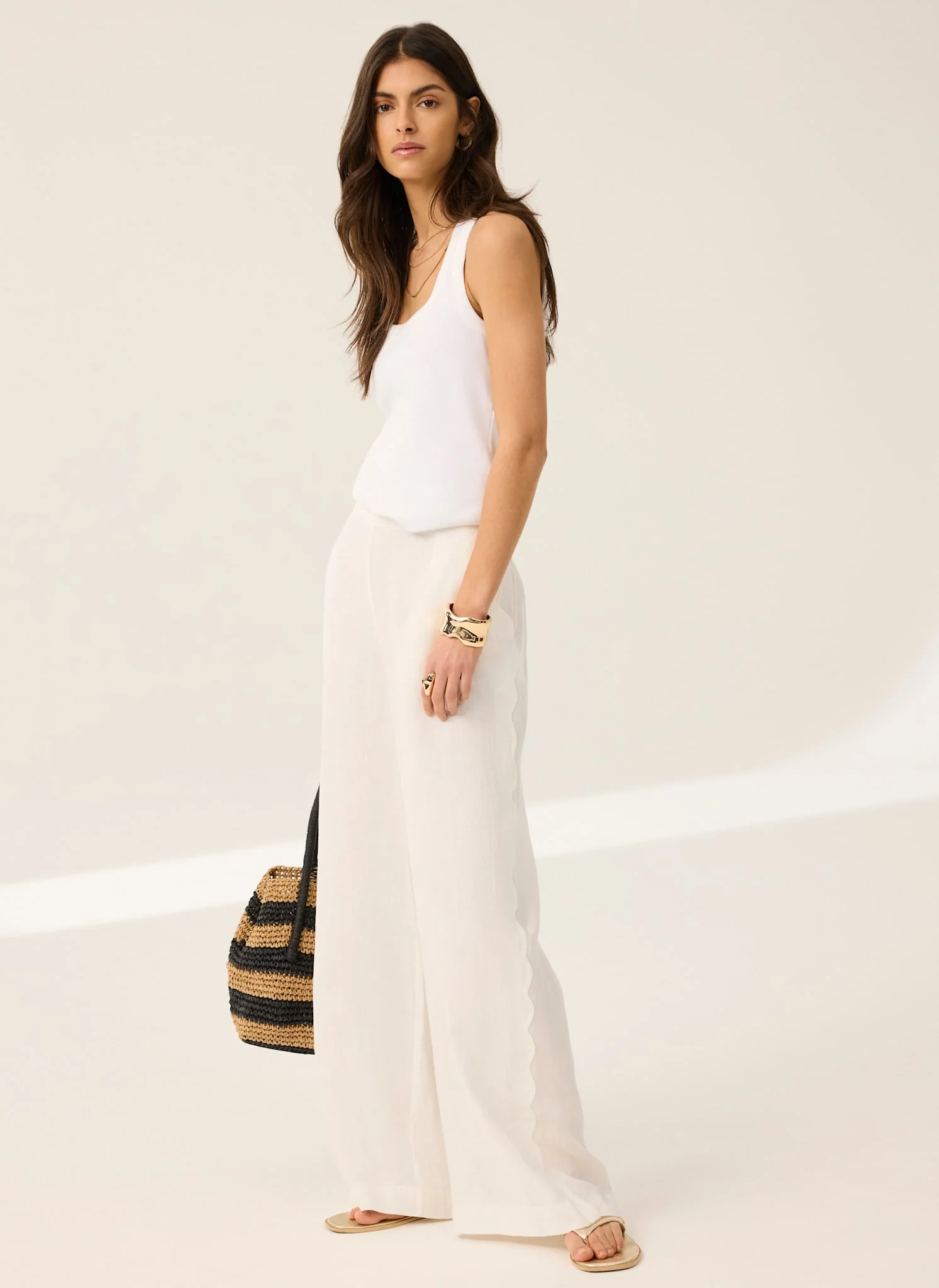 White Linen Scallop Trim Trousers - Image 3
