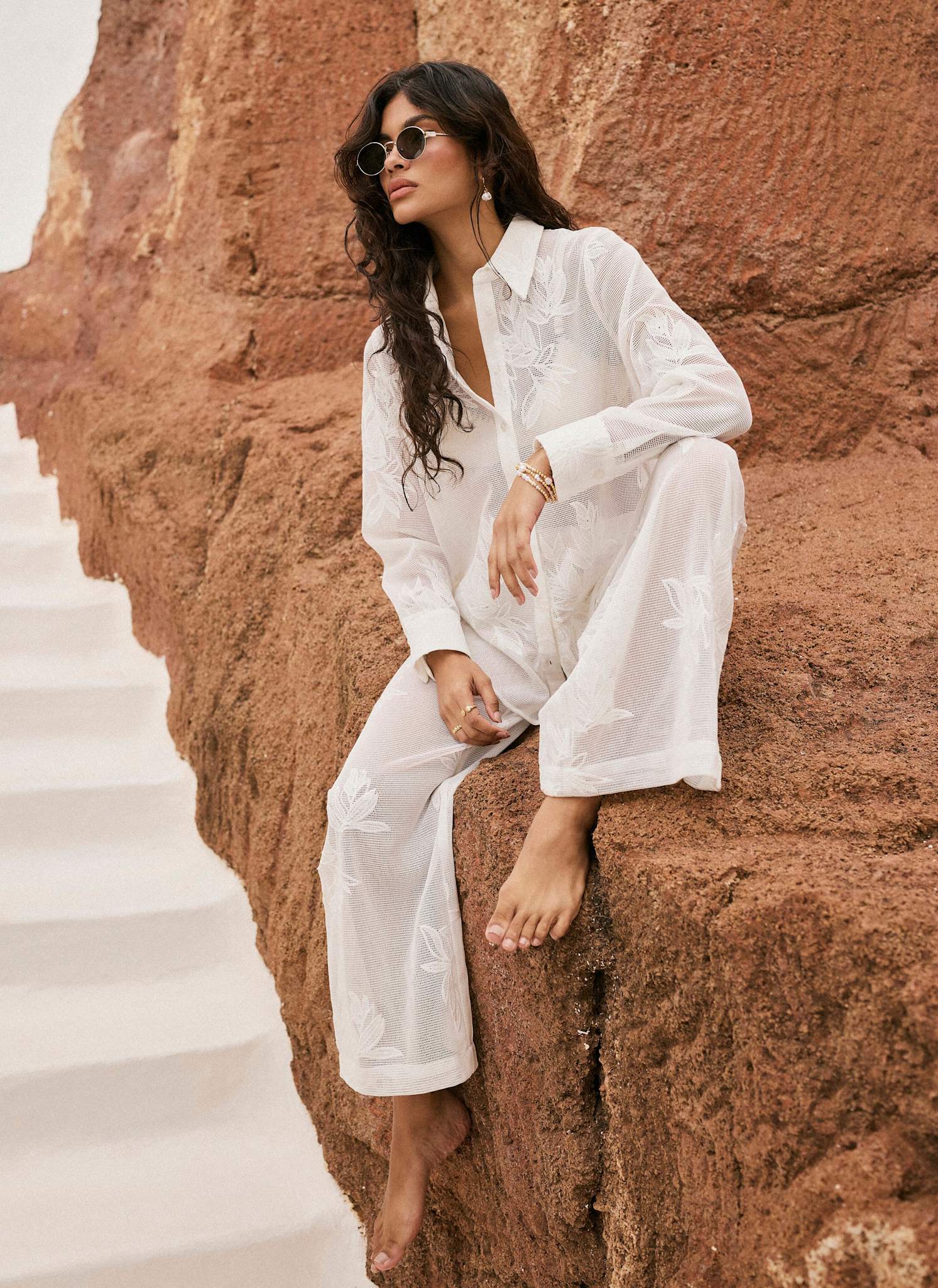 White Floral Detail Mesh Shirt - Image 3