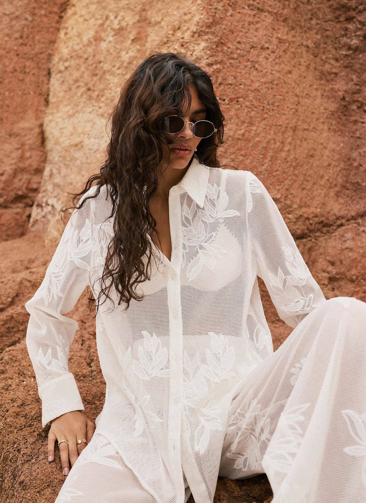 White Floral Detail Mesh Shirt - Image 4