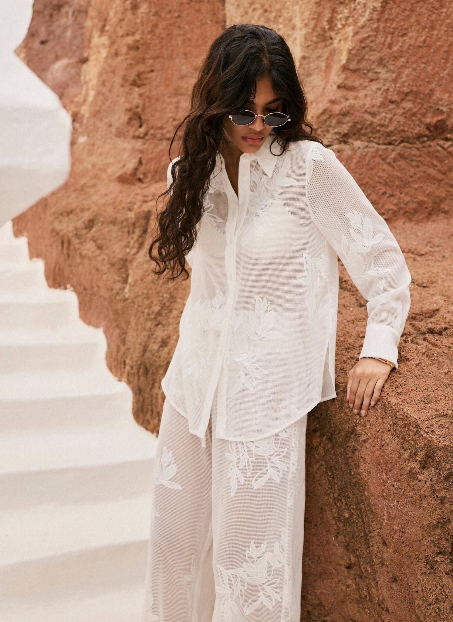 White Floral Detail Mesh Shirt - Image 5