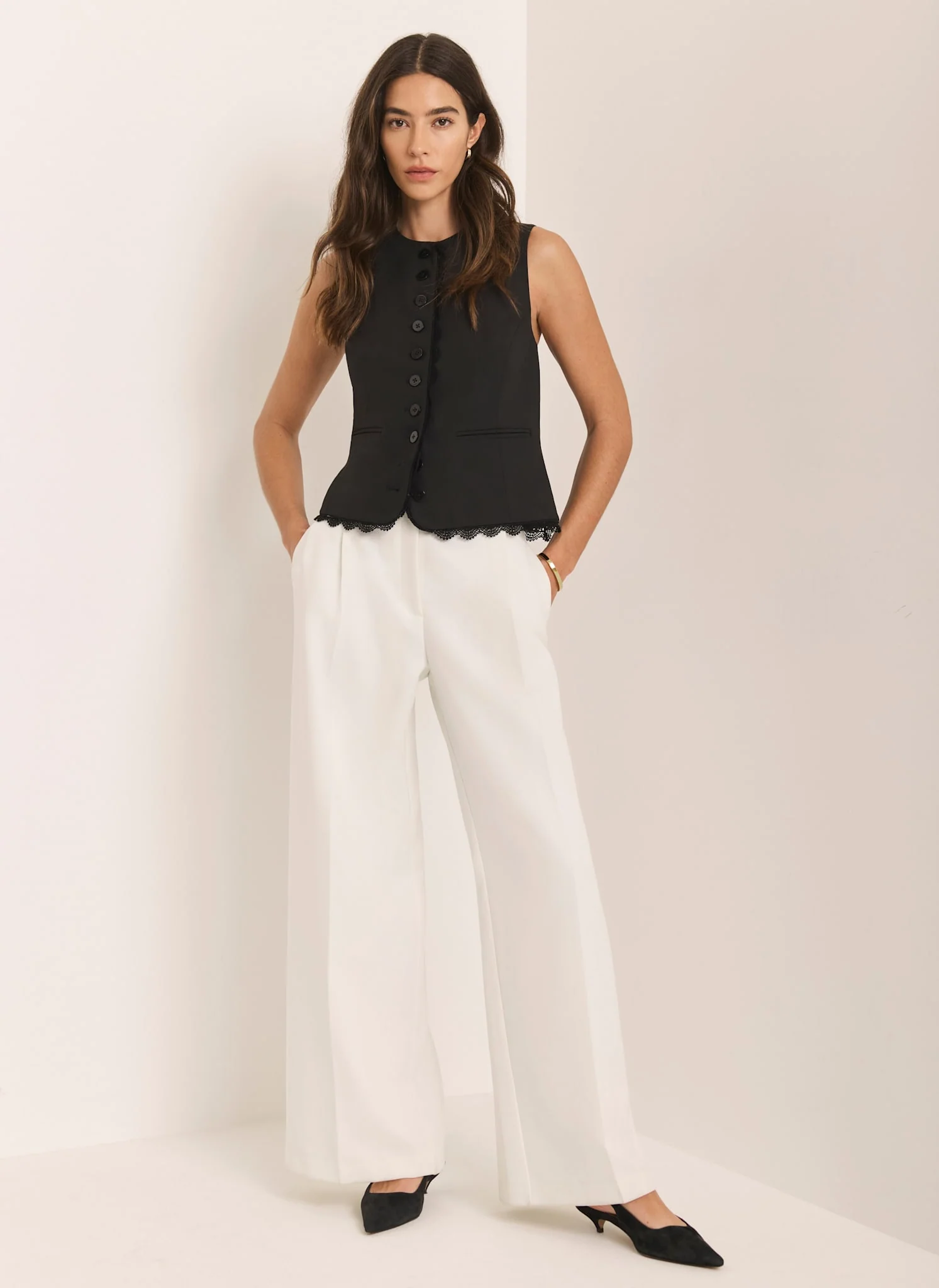 White Pleated Wide Leg Trousers - Image 3