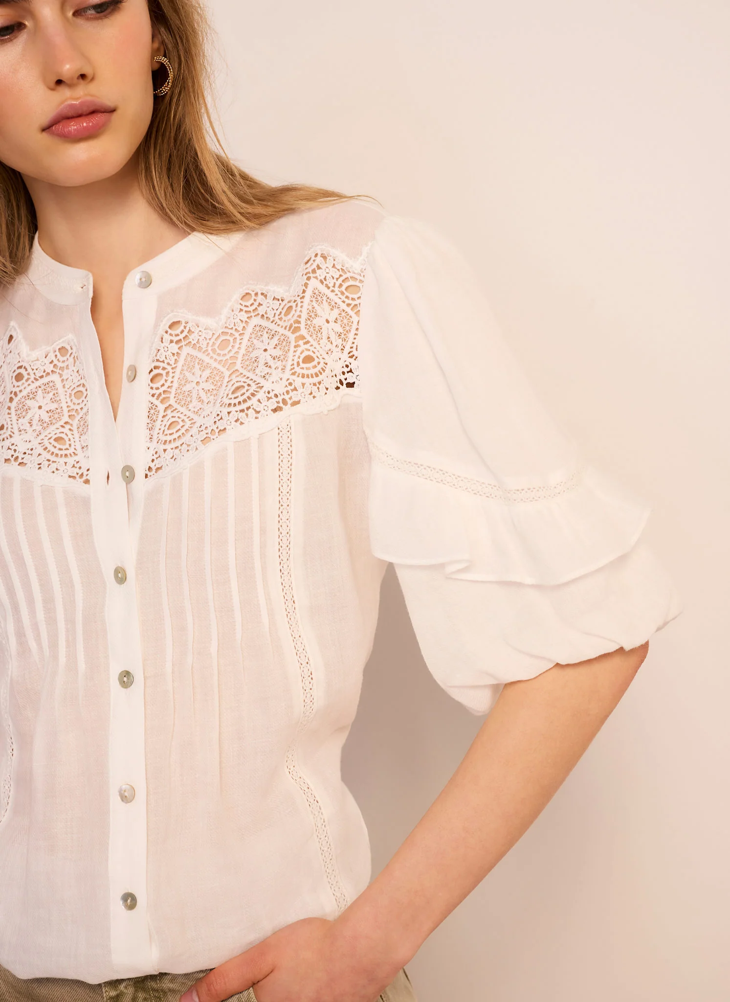 White Ramie Lace Detail Blouse - Image 5