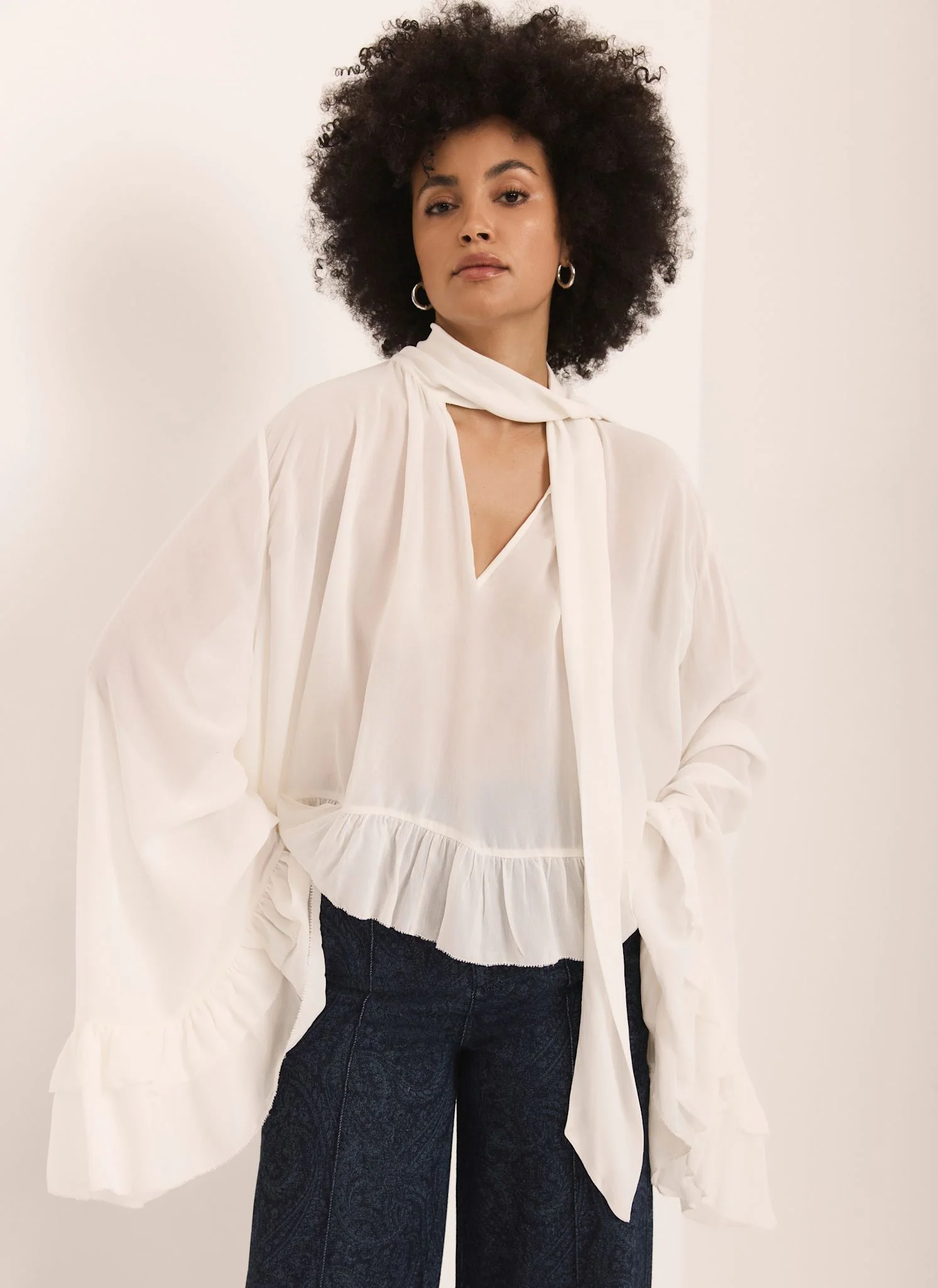Cream Ruffle Tie Detail Blouse - Image 2