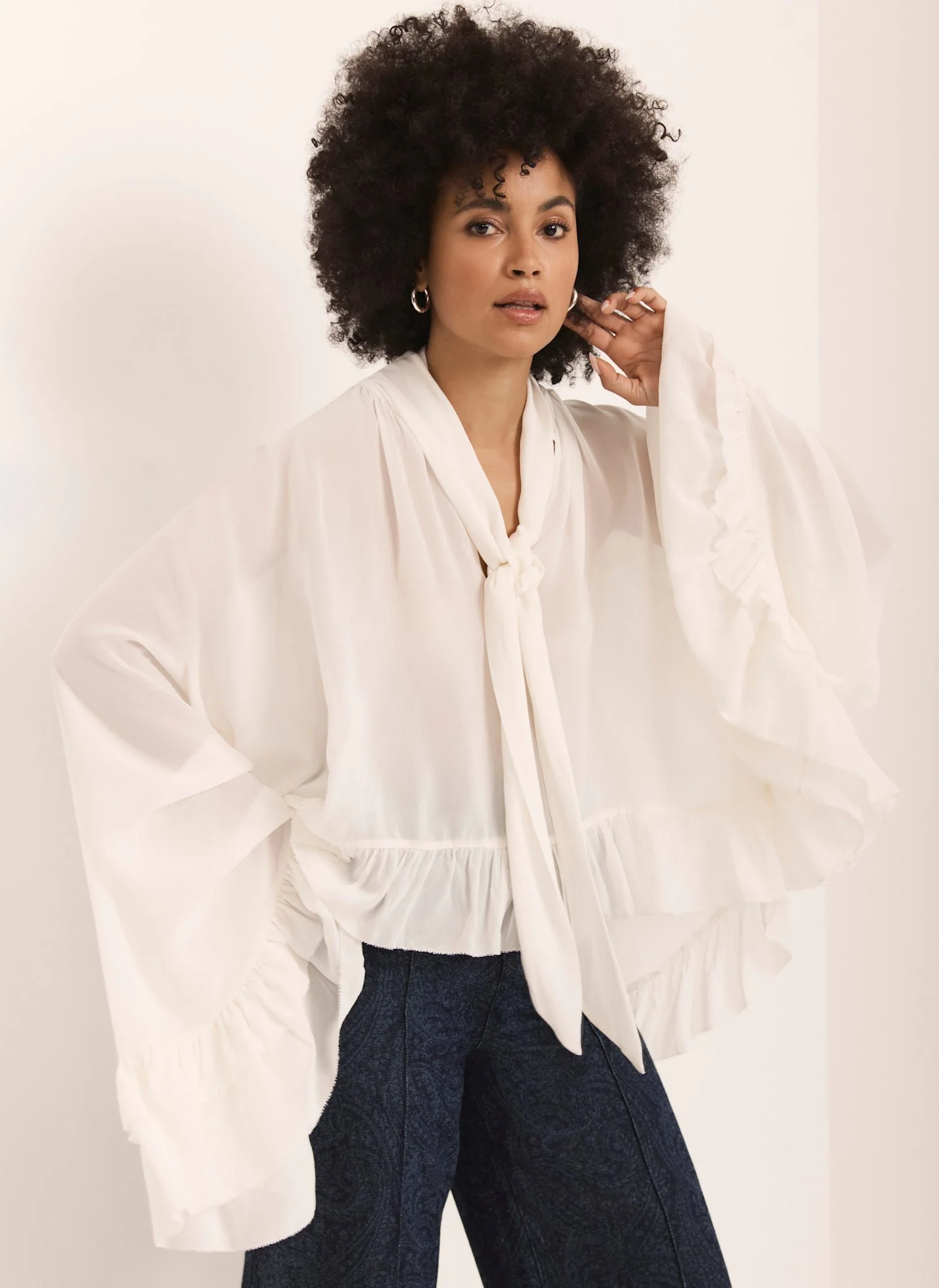 Cream Ruffle Tie Detail Blouse - Image 3