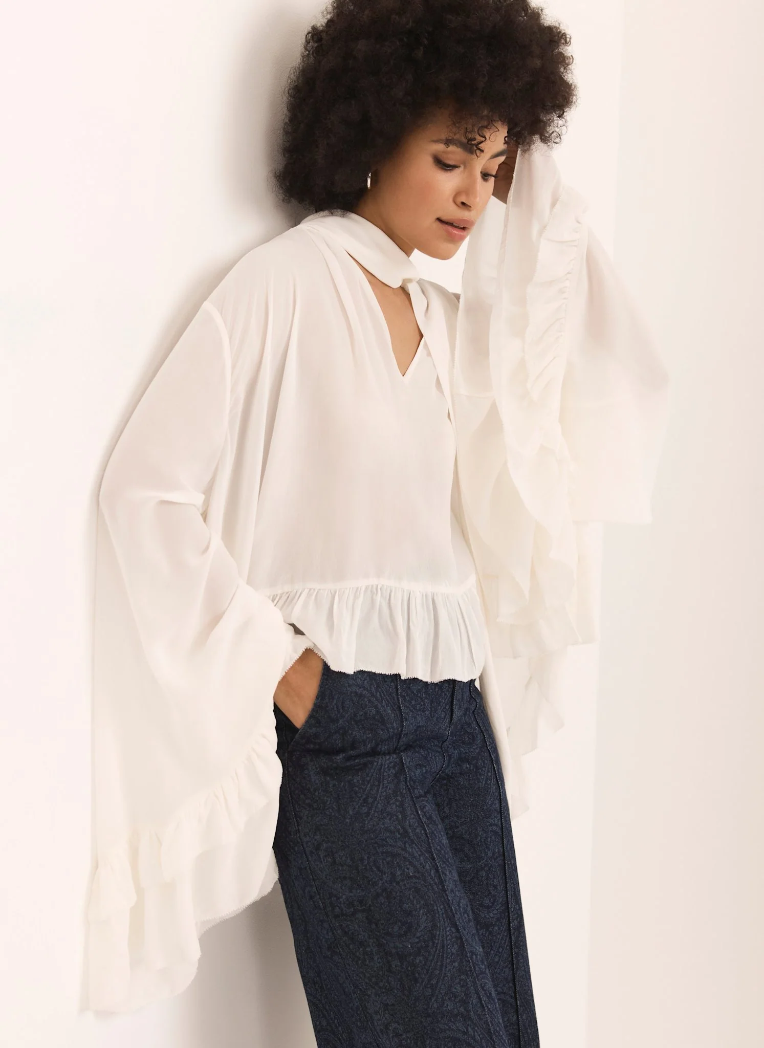 Cream Ruffle Tie Detail Blouse - Image 6