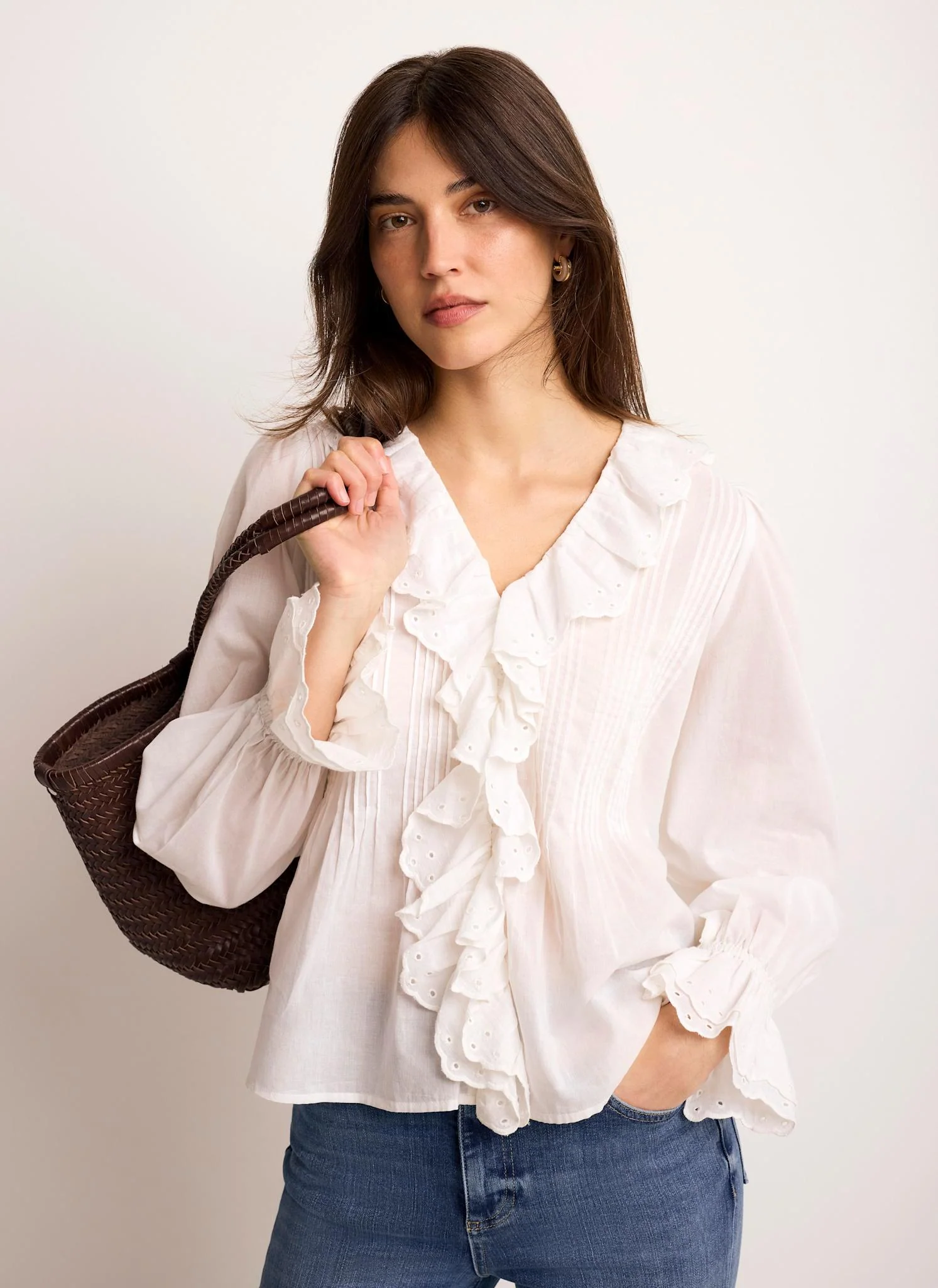 White Cotton Ruffle Trim Blouse - Image 5