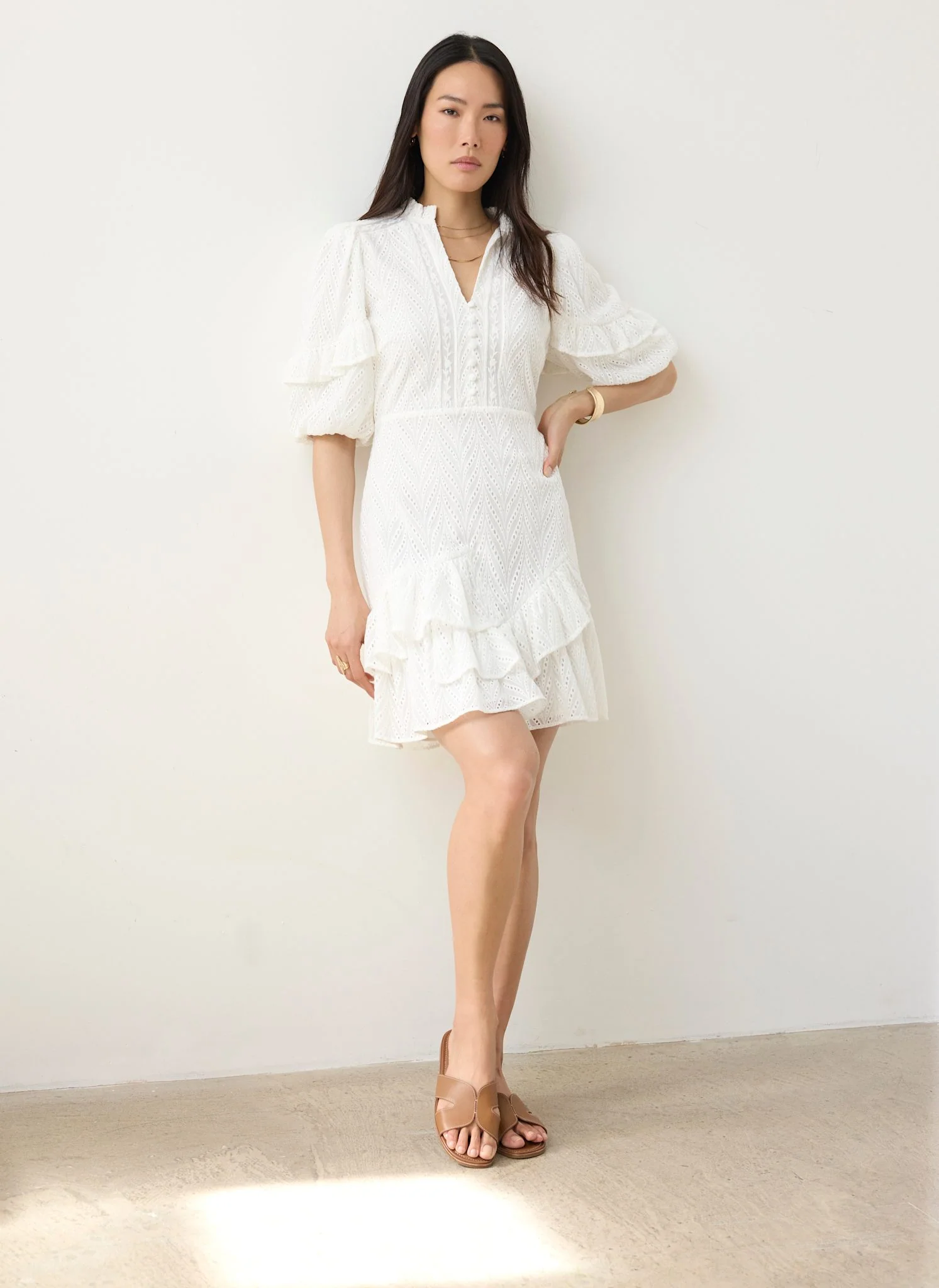 White Broderie Ruffle Detail Mini Dress - Image 5