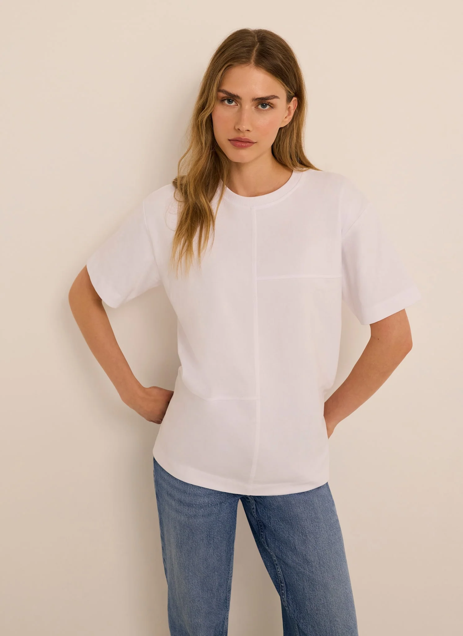 White Cotton Seam Detail T-shirt - Image 3