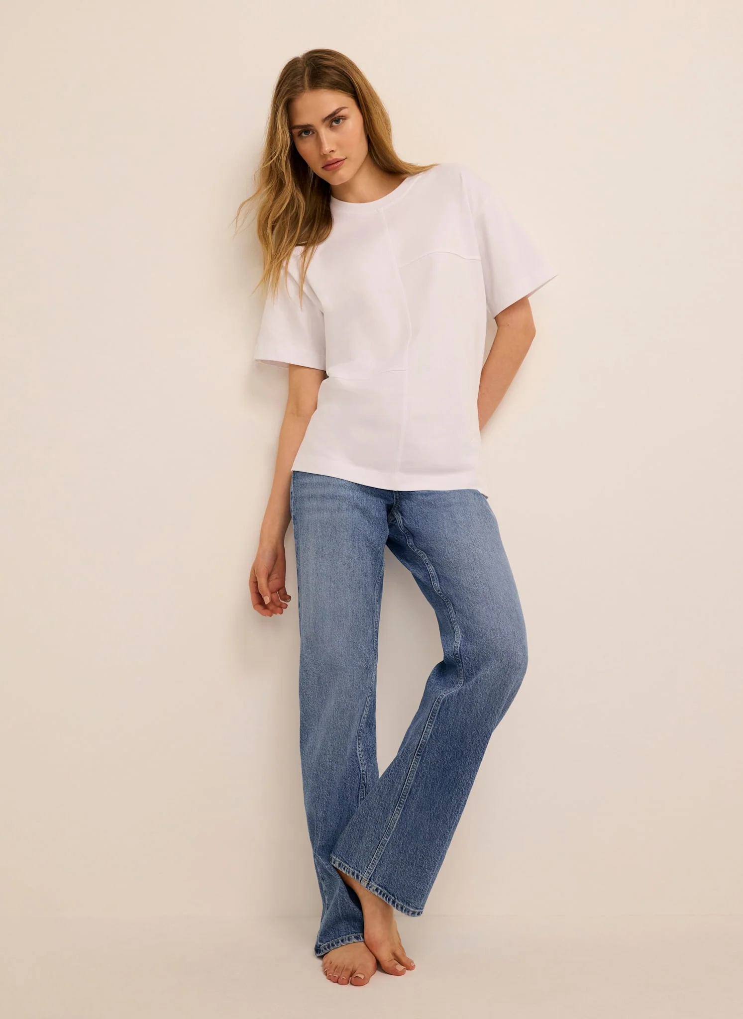 White Cotton Seam Detail T-shirt - Image 4