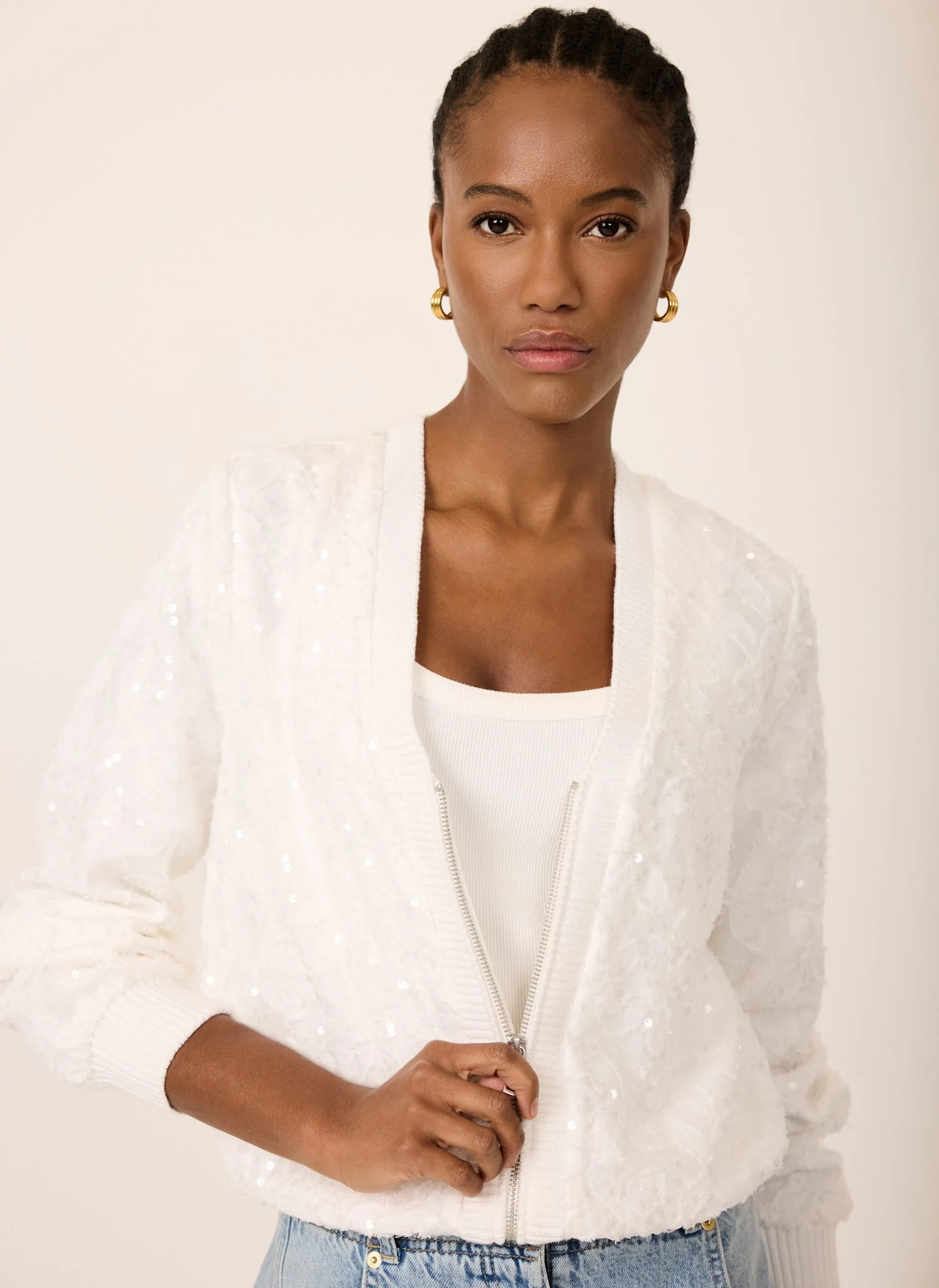 White Sequin Bomber Jacket - Image 3