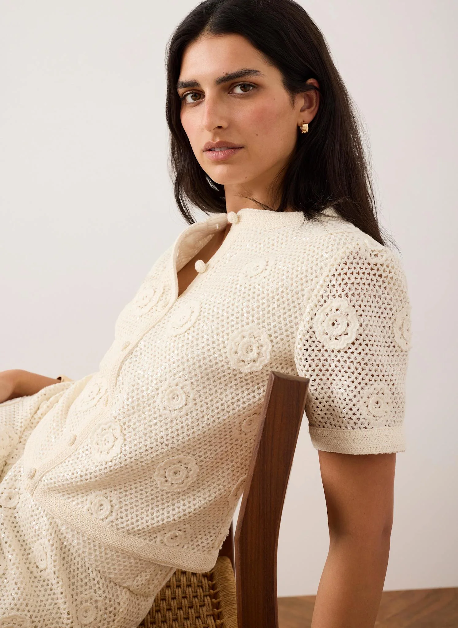 Neutral Cotton Sequin Floral Crochet Top - Image 3
