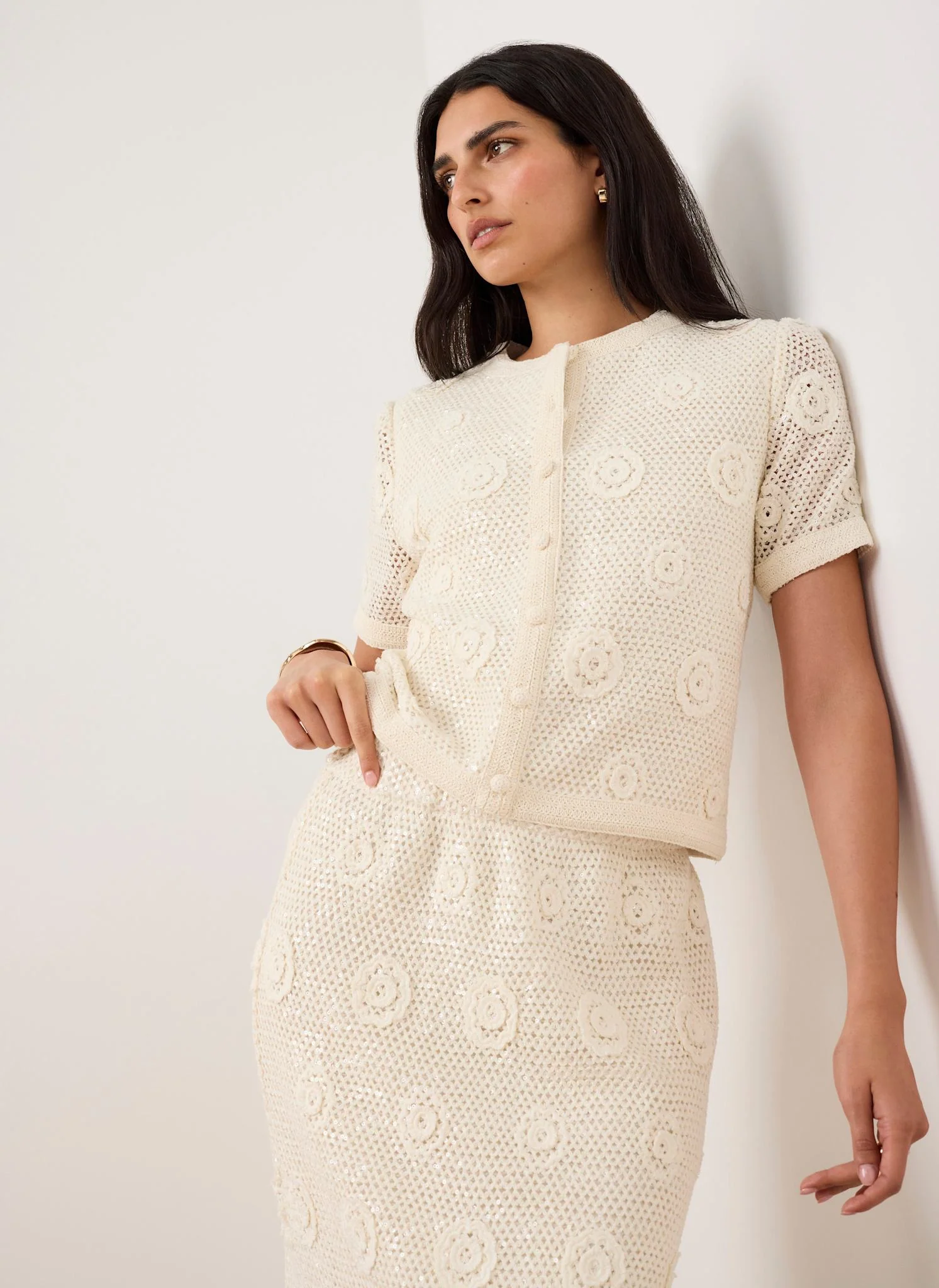 Neutral Cotton Sequin Floral Crochet Top - Image 4