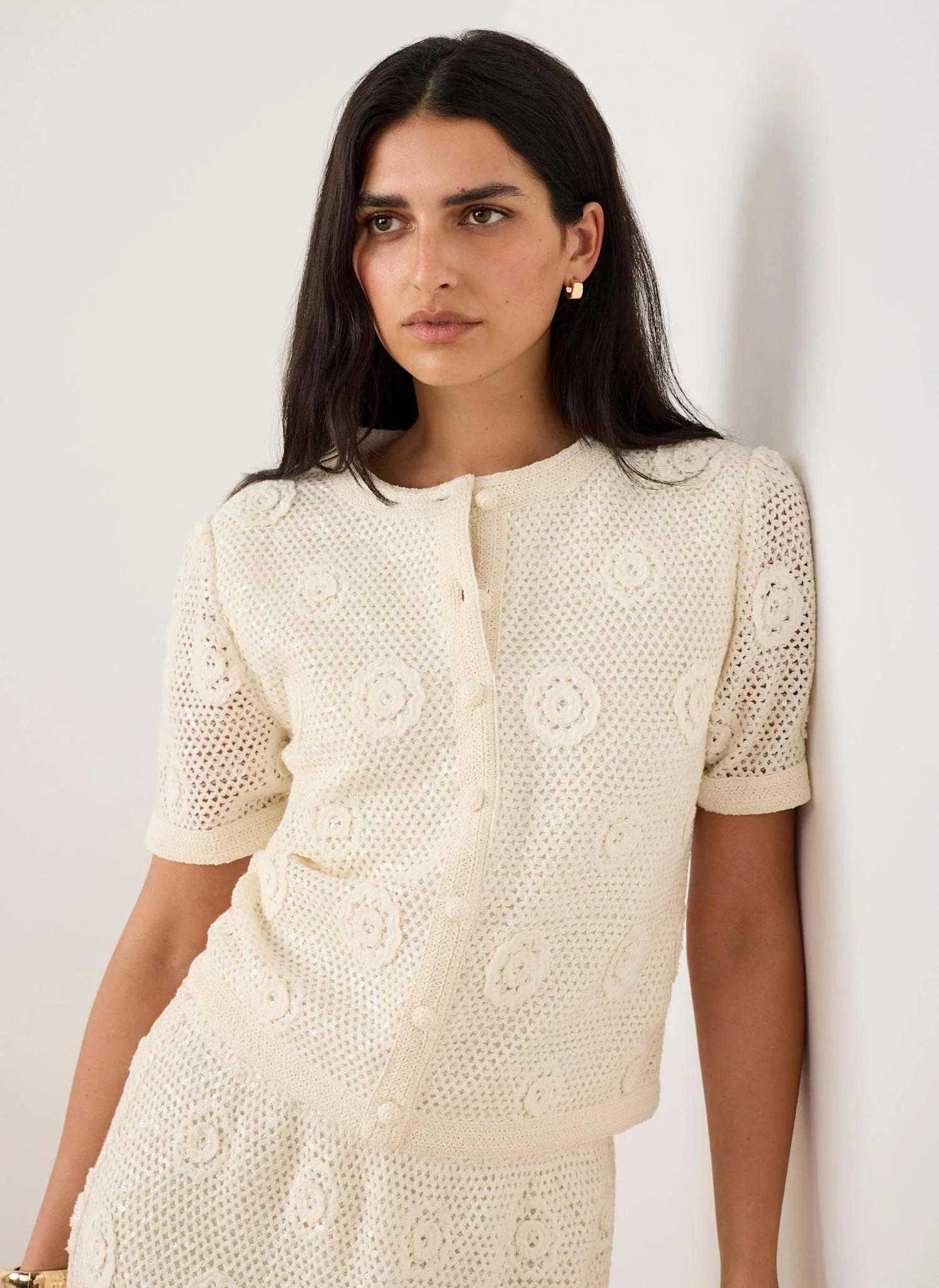 Neutral Cotton Sequin Floral Crochet Top - Image 5