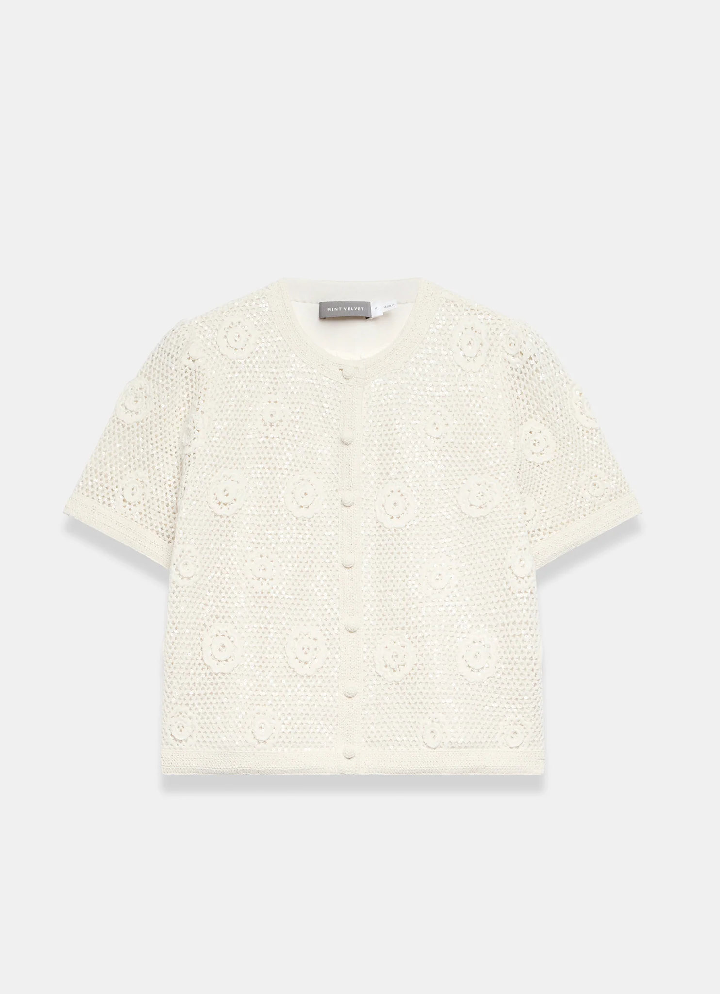 Neutral Cotton Sequin Floral Crochet Top - Image 7