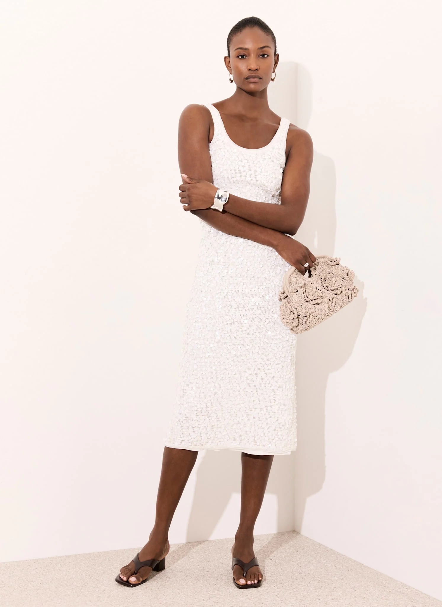 White Sequin Mesh Midi Dress - Image 5