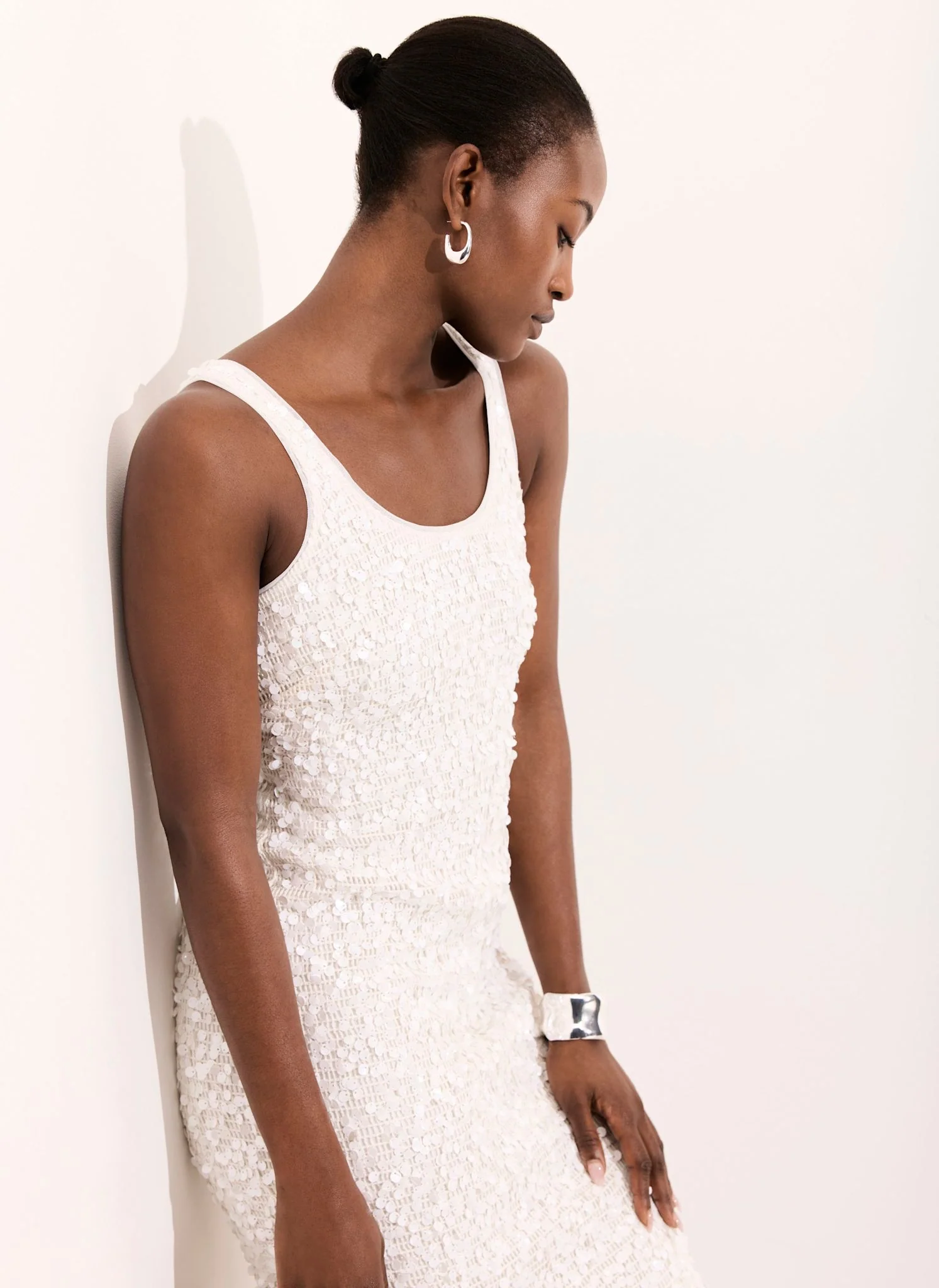 White Sequin Mesh Midi Dress - Image 6