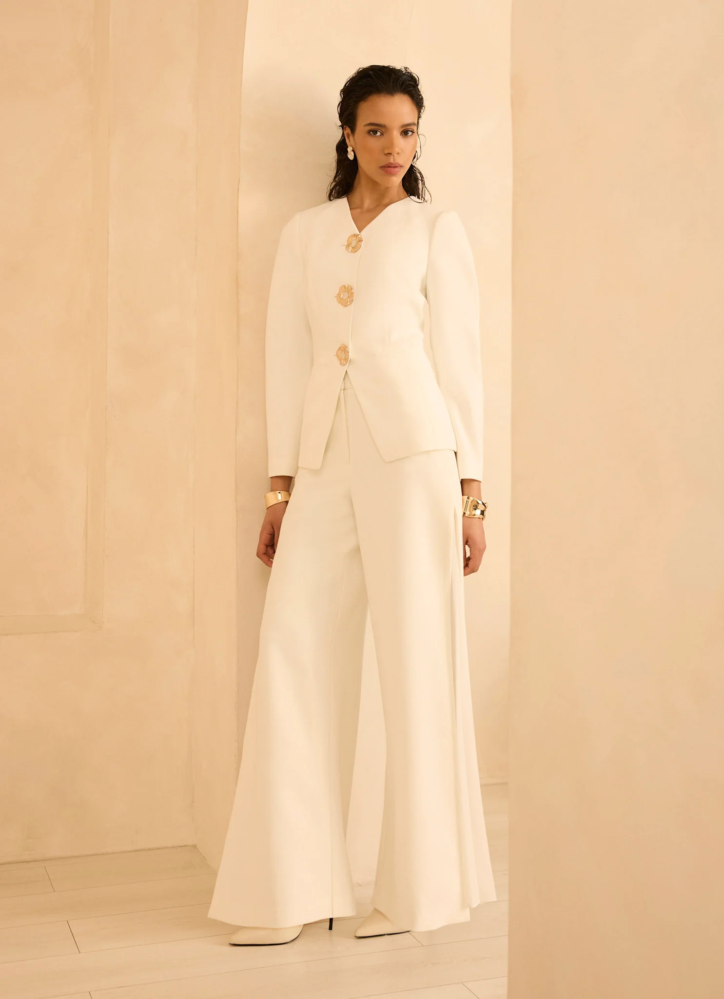 Cream Pleat Detail Trousers - Image 3