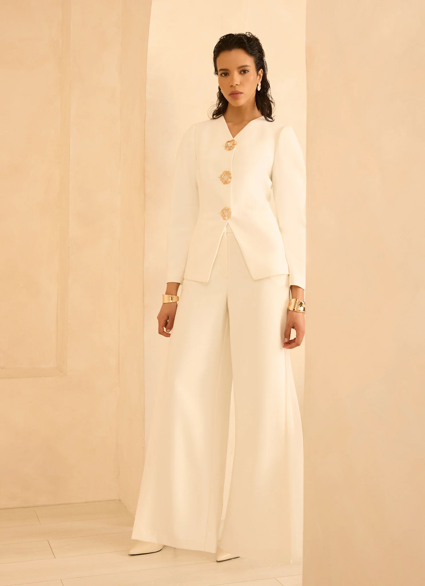 Cream Pleat Detail Trousers - Image 4