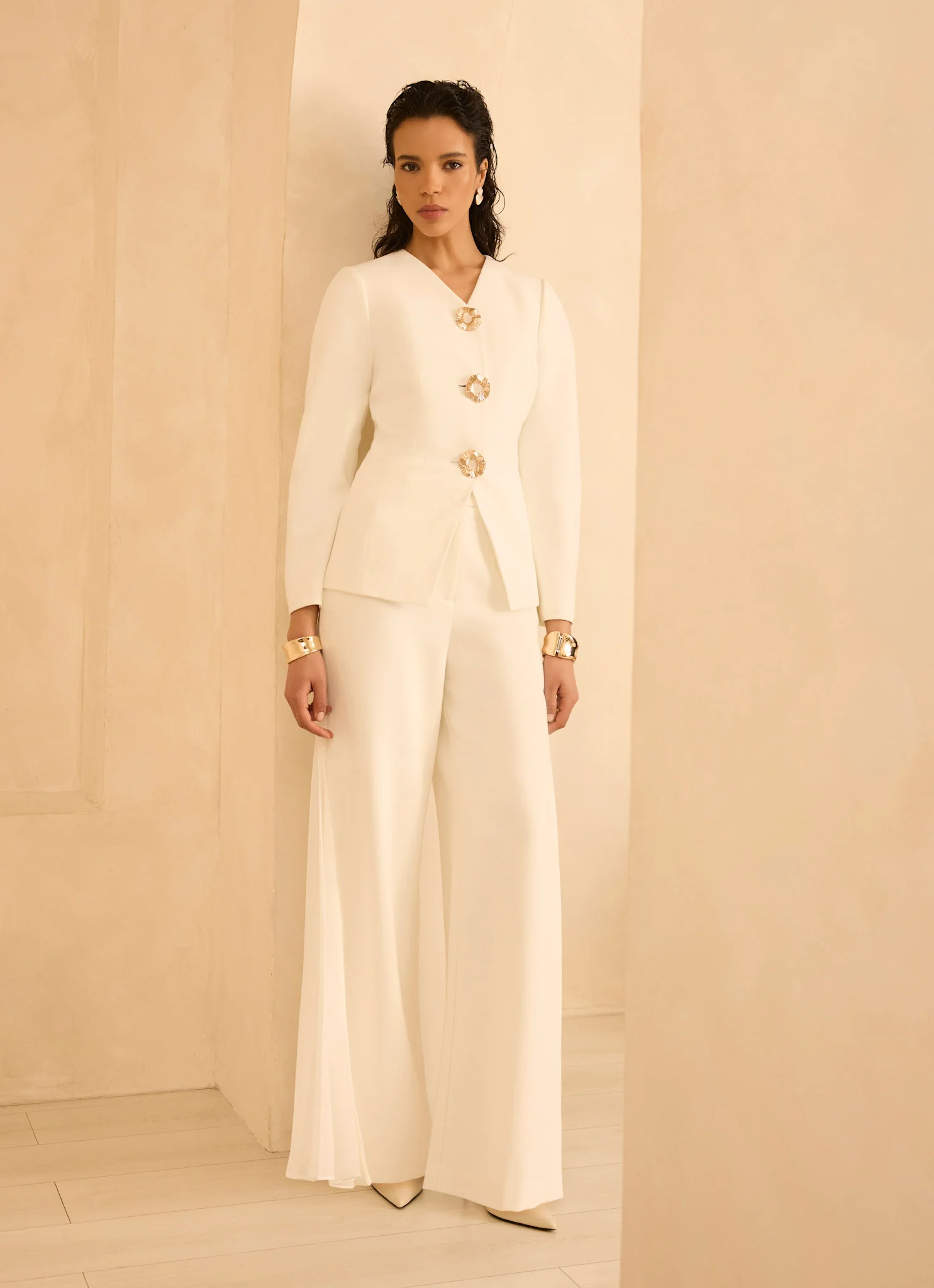 Cream Pleat Detail Trousers - Image 6