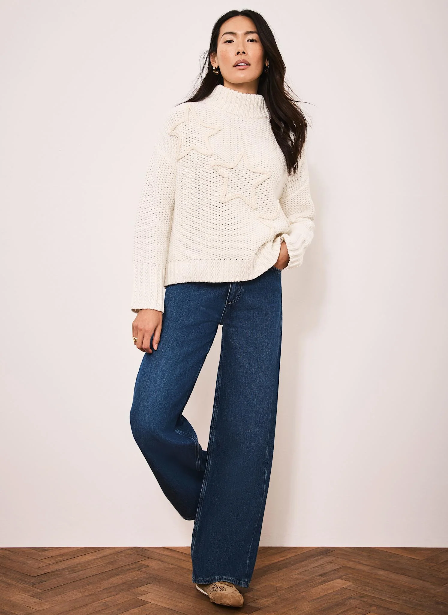White Cotton Blend Star Detail Jumper - Image 3