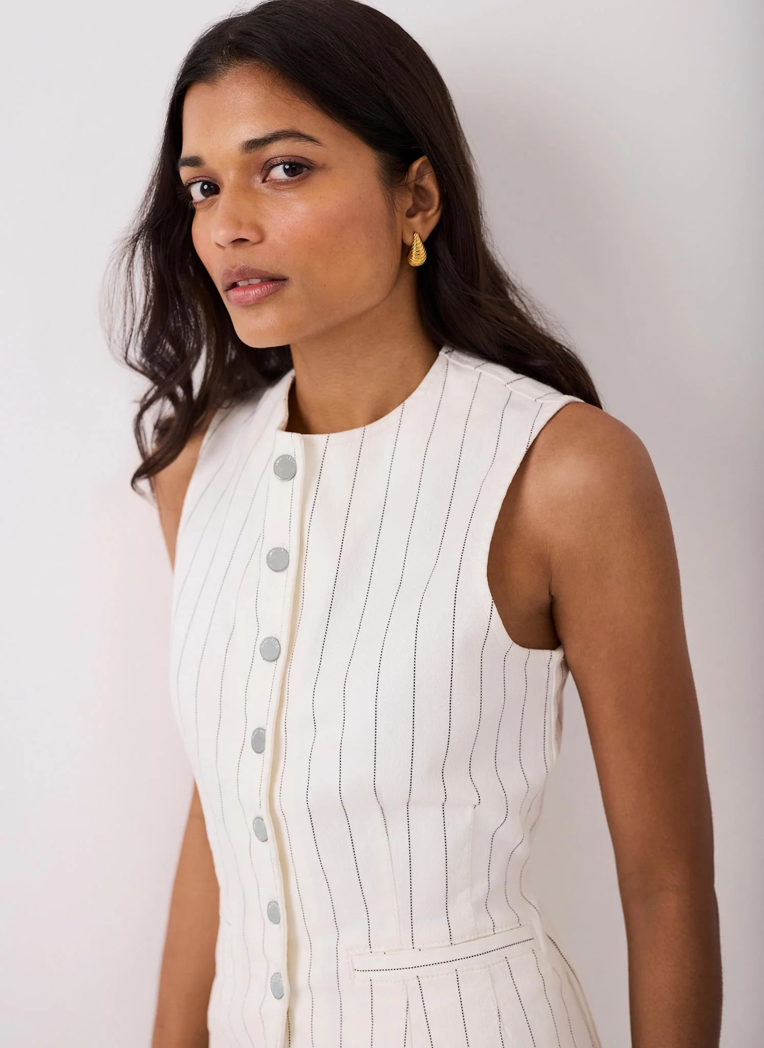 White Pinstripe Denim Waistcoat - Image 6