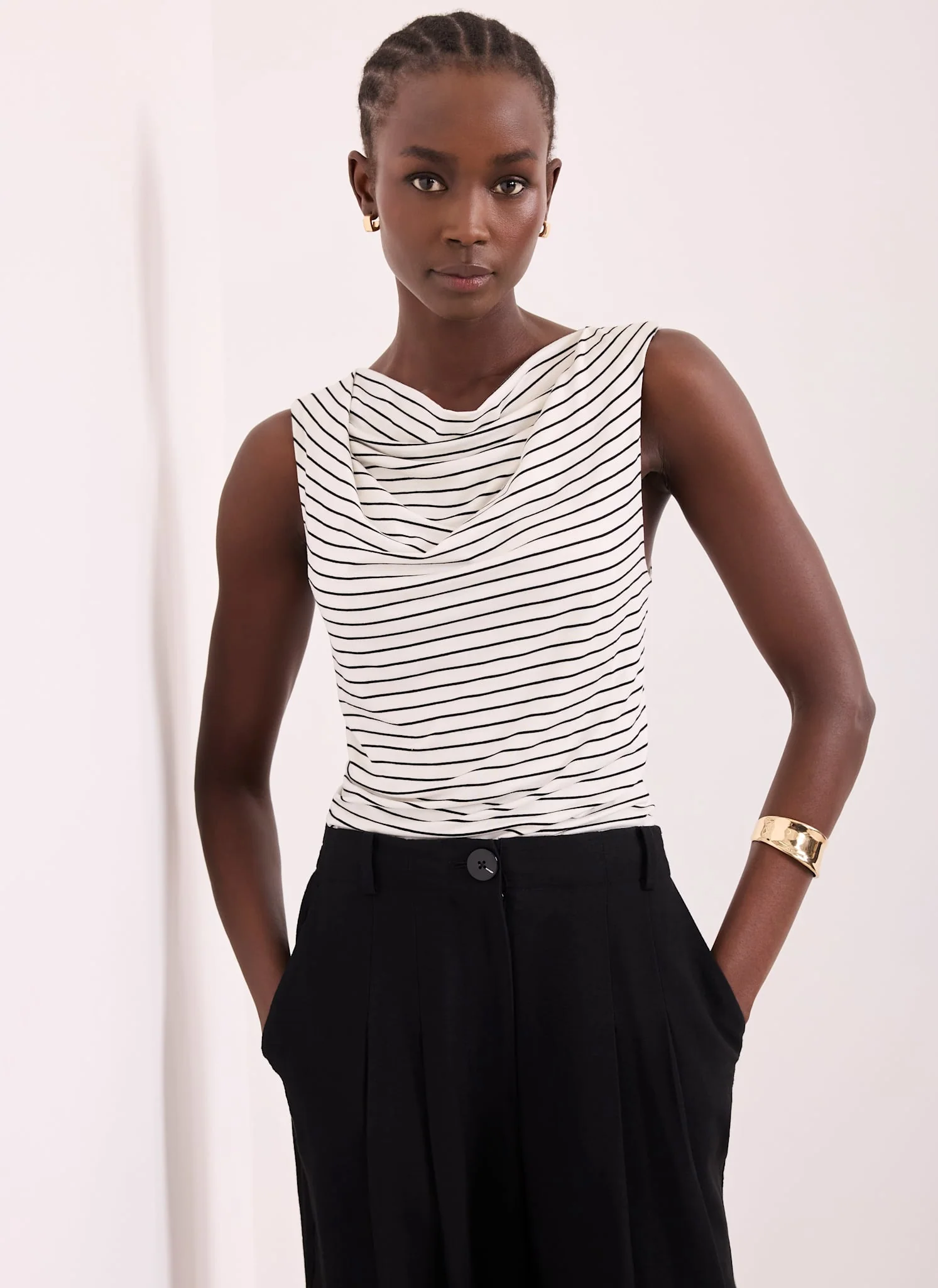 White & Black Stripe Cowl Neck Top - Image 3
