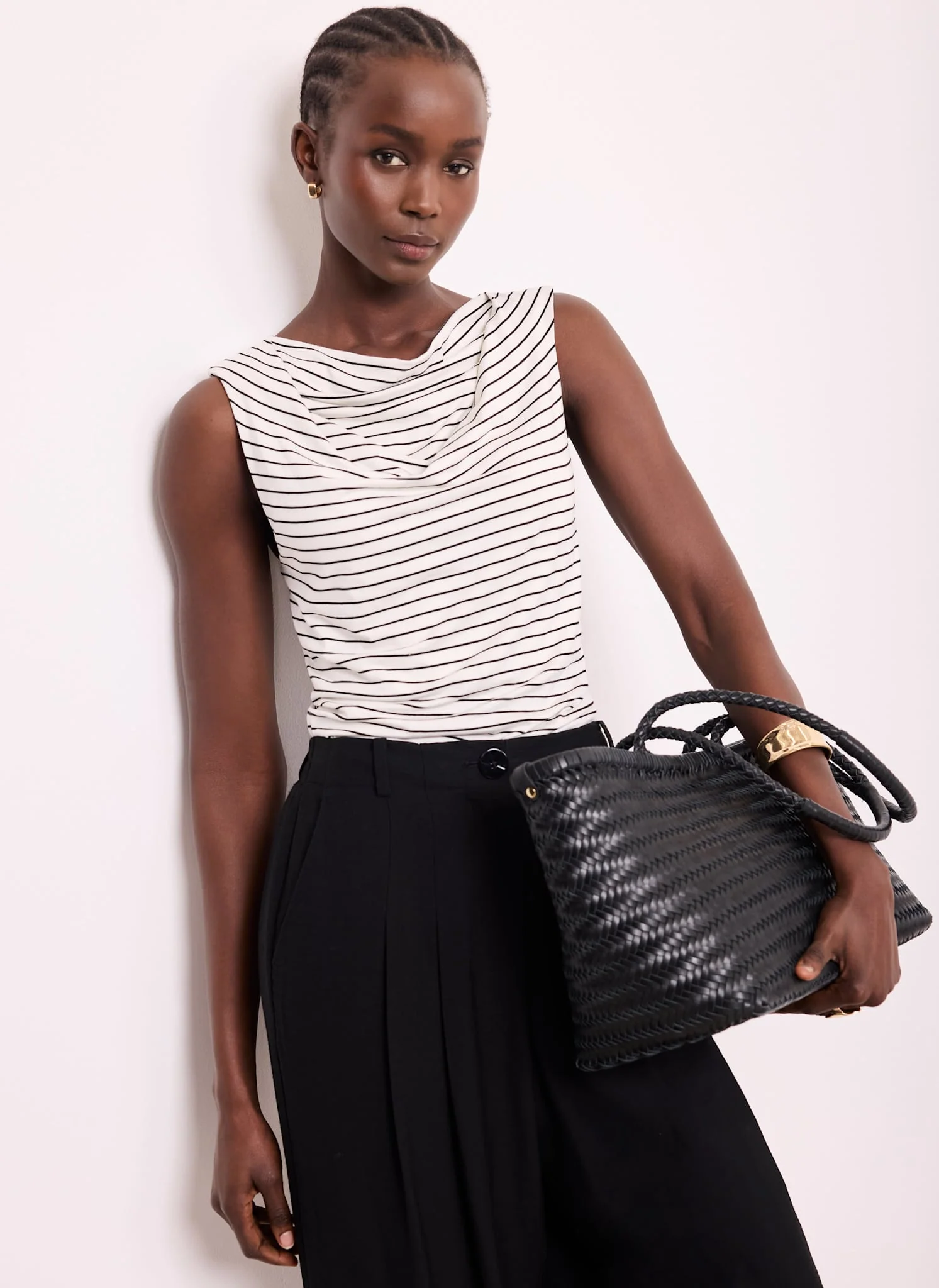 White & Black Stripe Cowl Neck Top - Image 4
