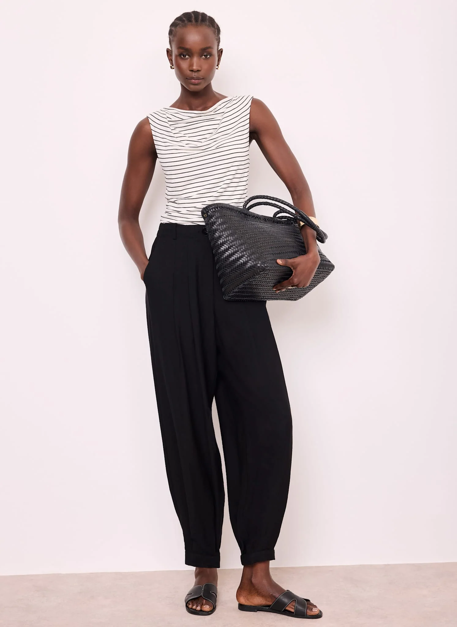 White & Black Stripe Cowl Neck Top - Image 5