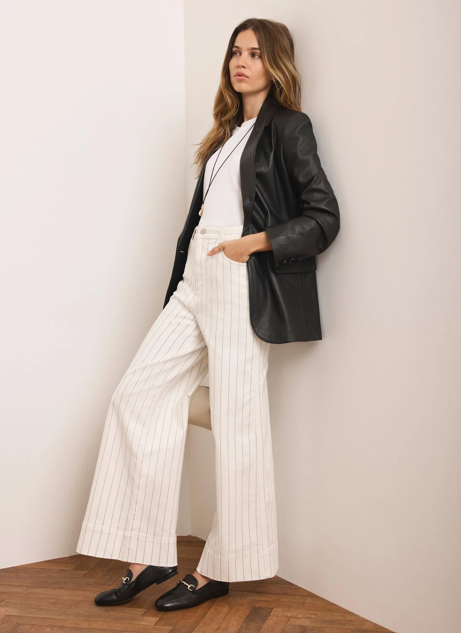 White Pinstripe Wide Jeans - Image 4