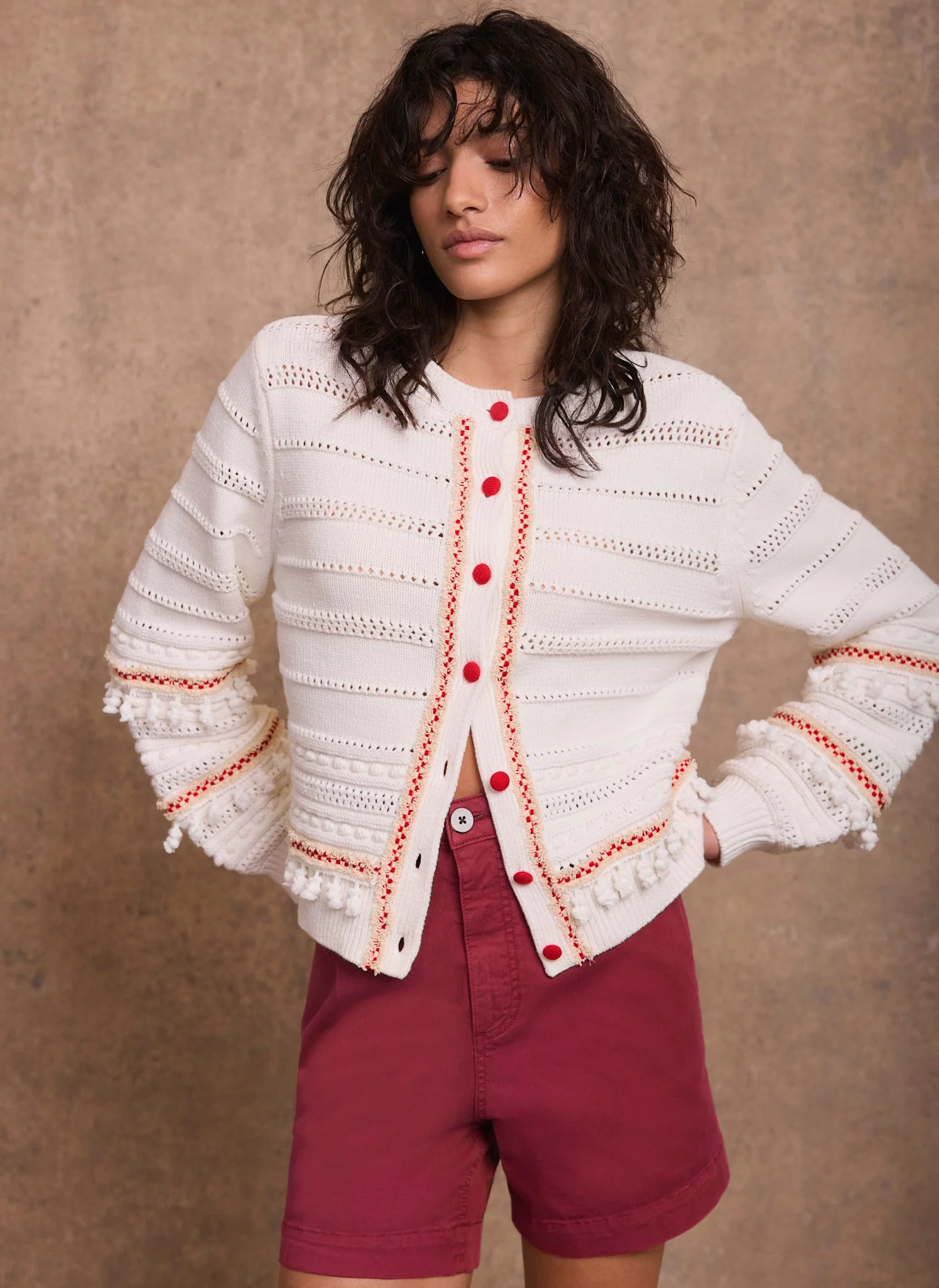 Cream Cotton Blend Tassel Cardigan - Image 2