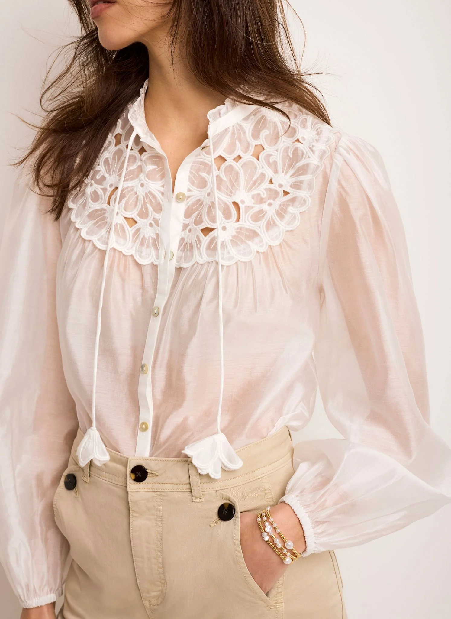White Floral Detail Sheer Blouse - Image 4