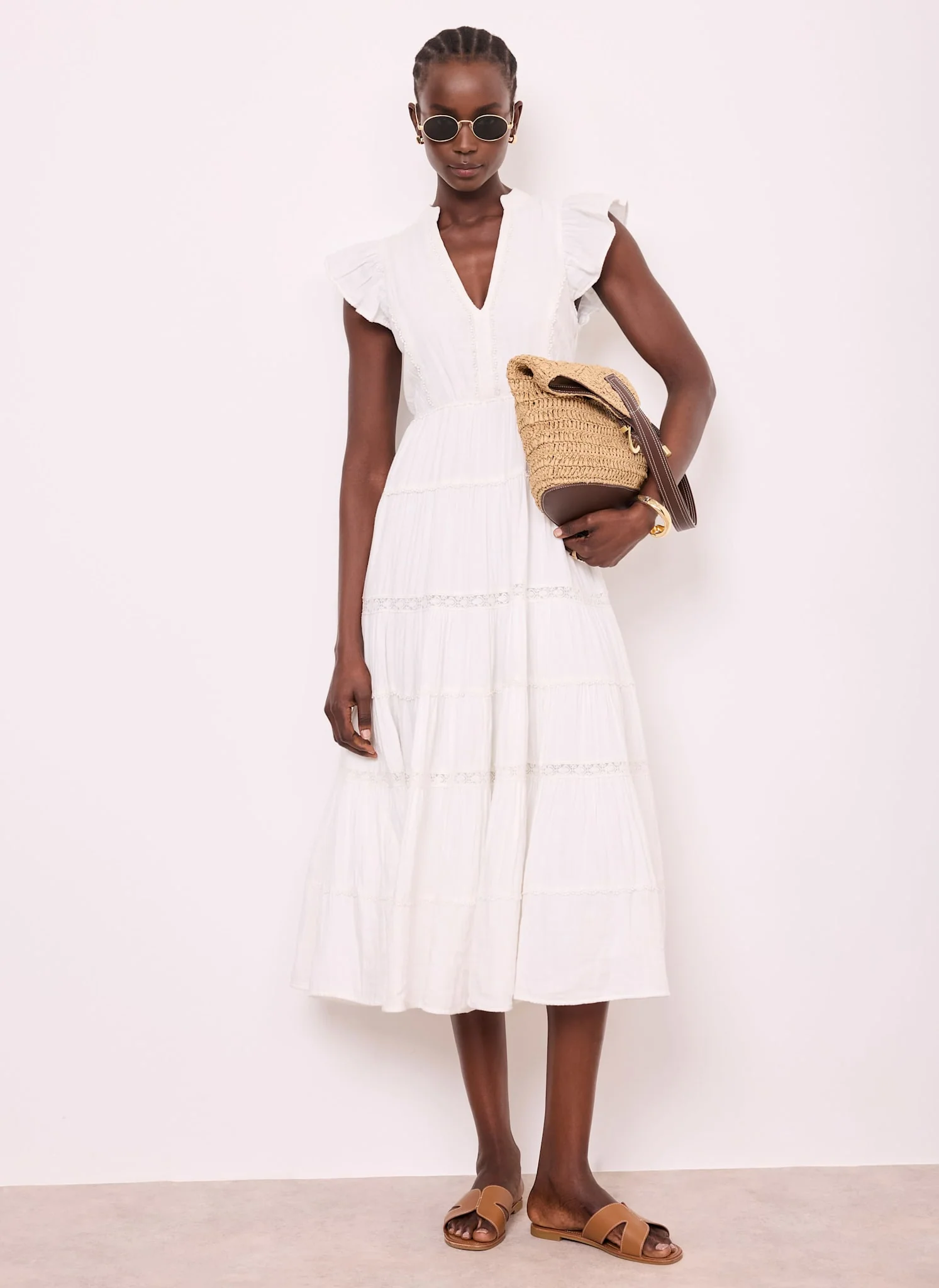 White Cotton Cheesecloth Tiered Midi Dress - Image 3