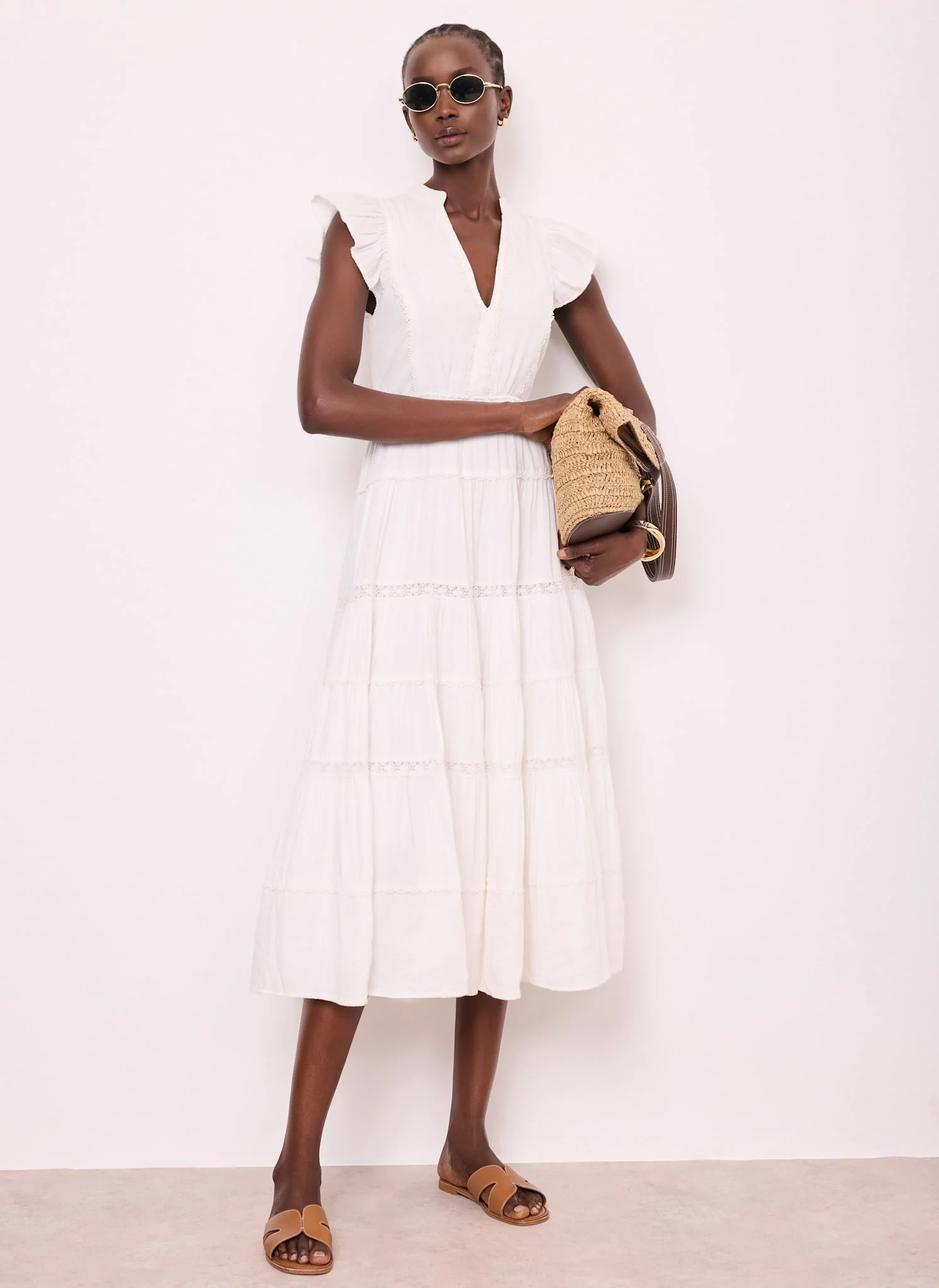 White Cotton Cheesecloth Tiered Midi Dress - Image 5