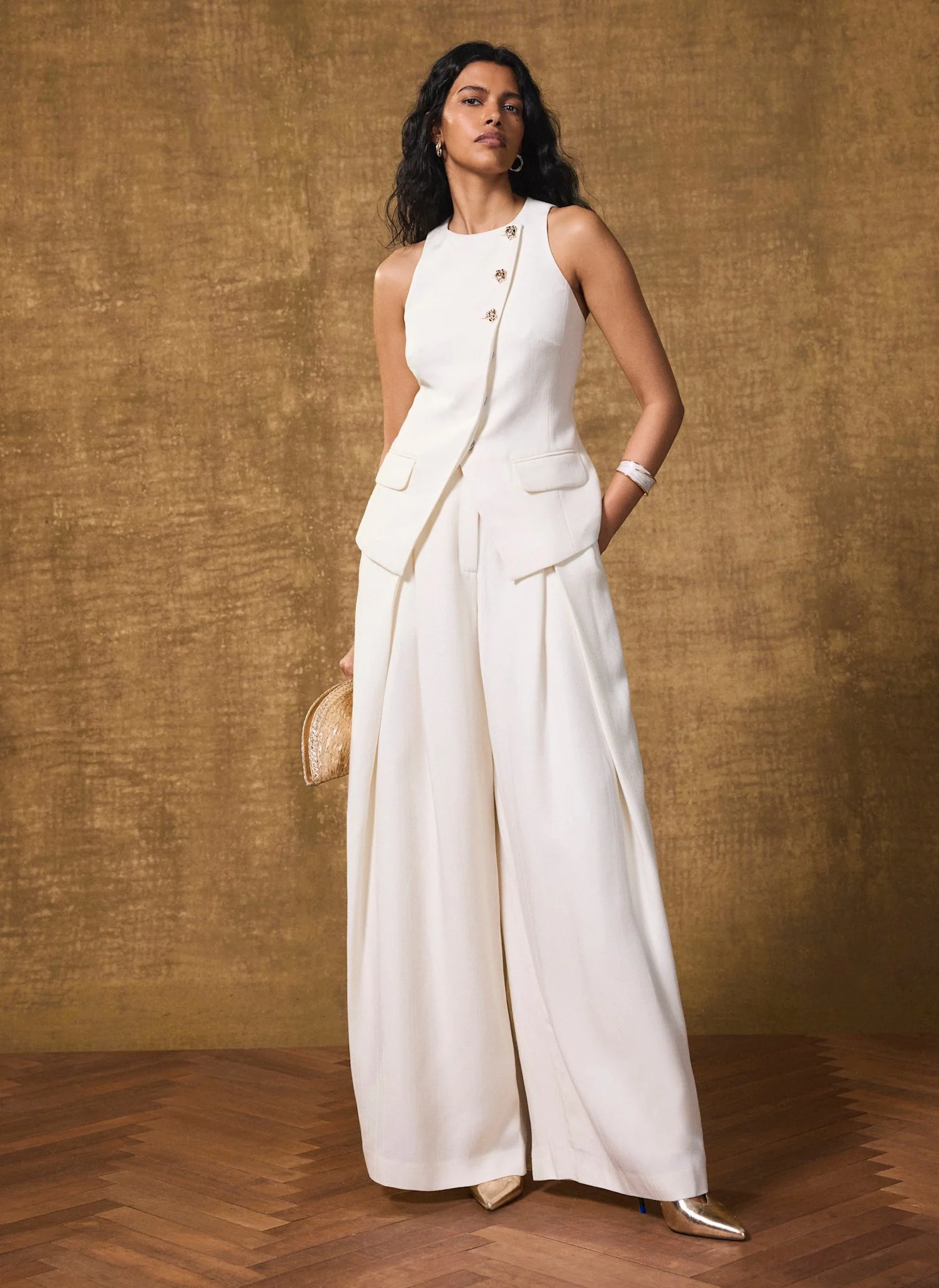 Cream Pleated Wide Trousers