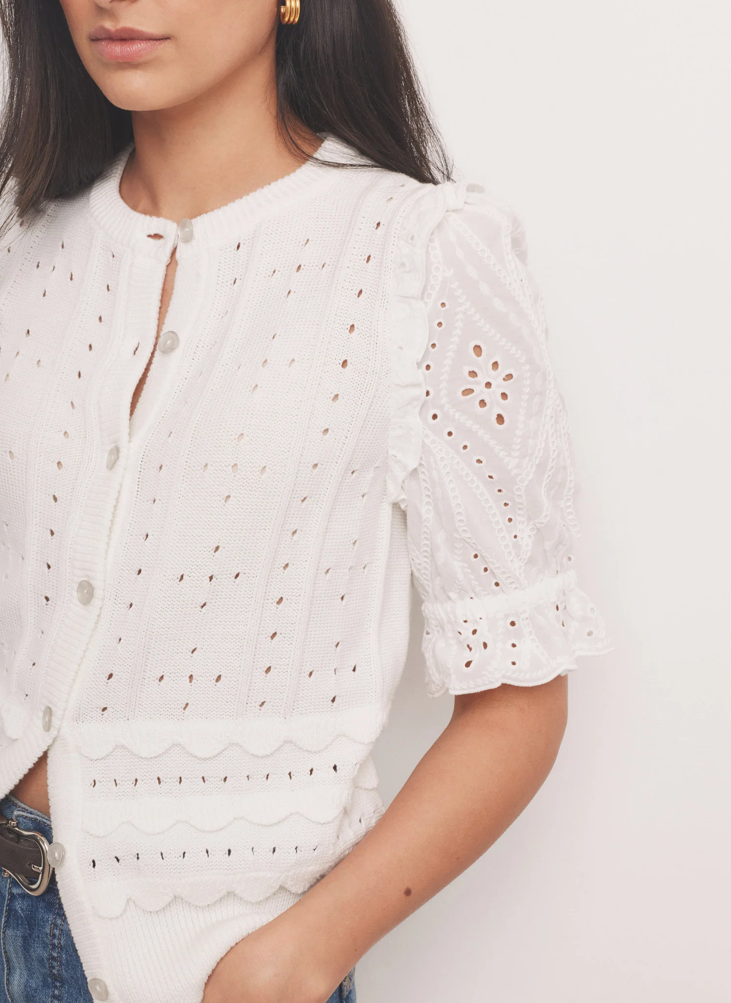 White Cotton Broderie Knit Top - Image 3