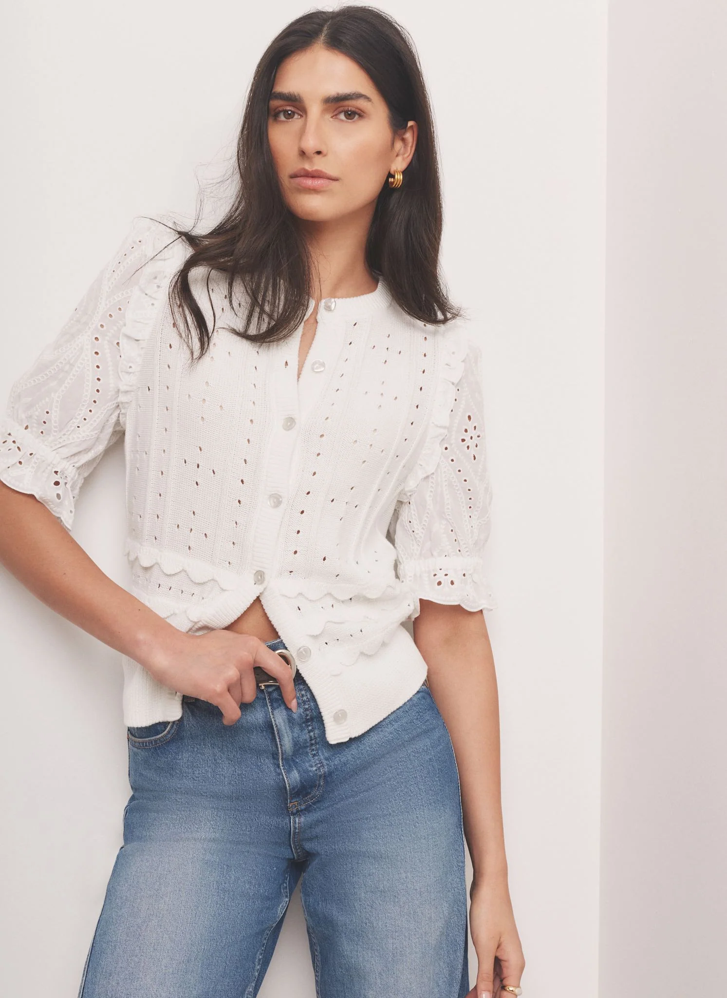 White Cotton Broderie Knit Top - Image 5