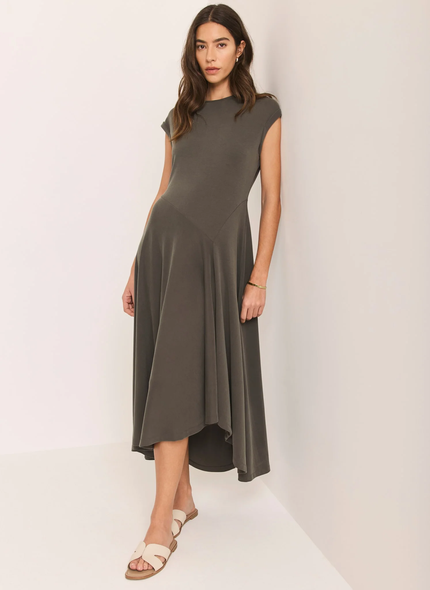 Khaki Jersey Asymmetric Midi Dress