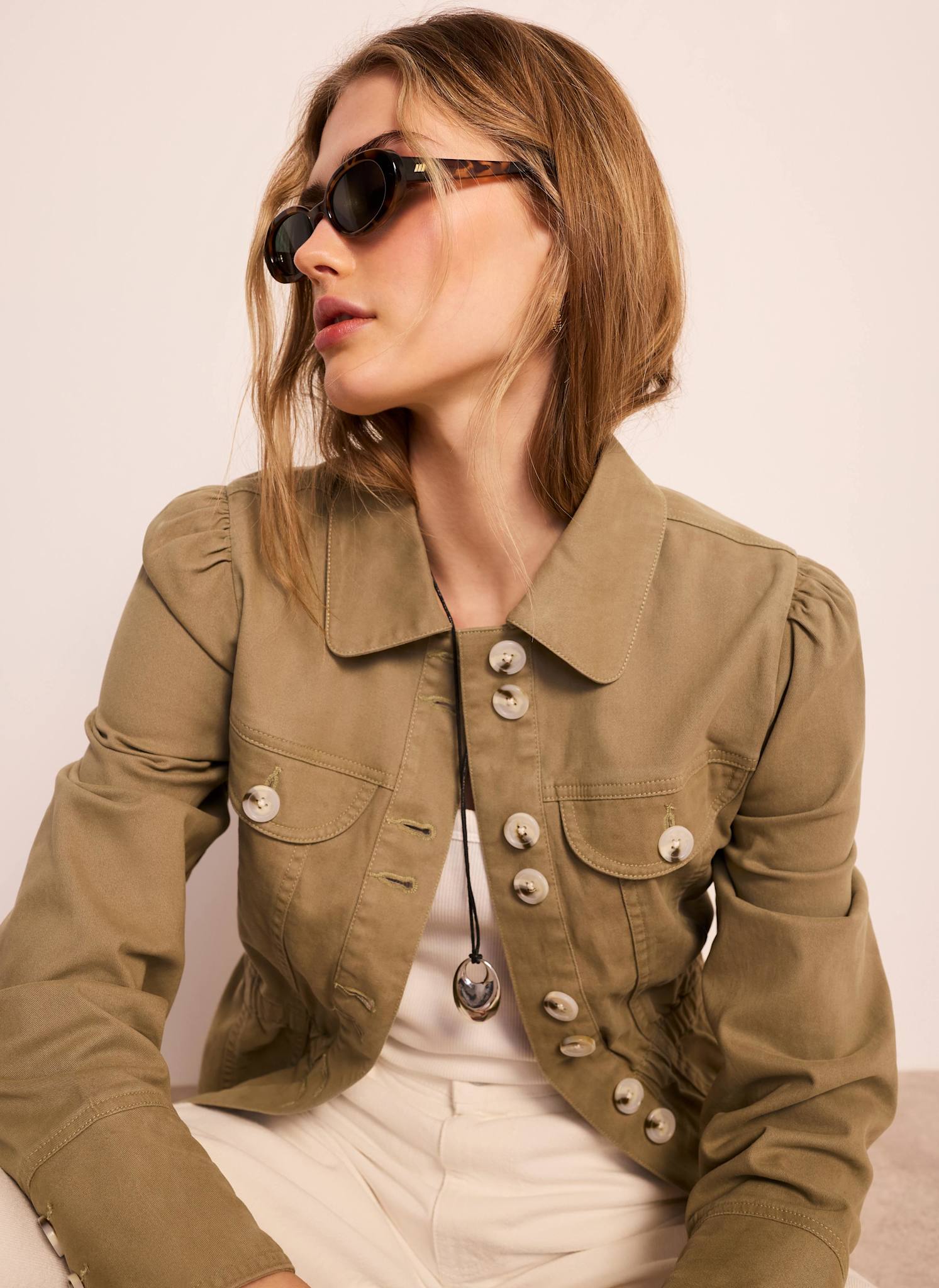 Khaki Cotton Blend Peplum Jacket - Image 2