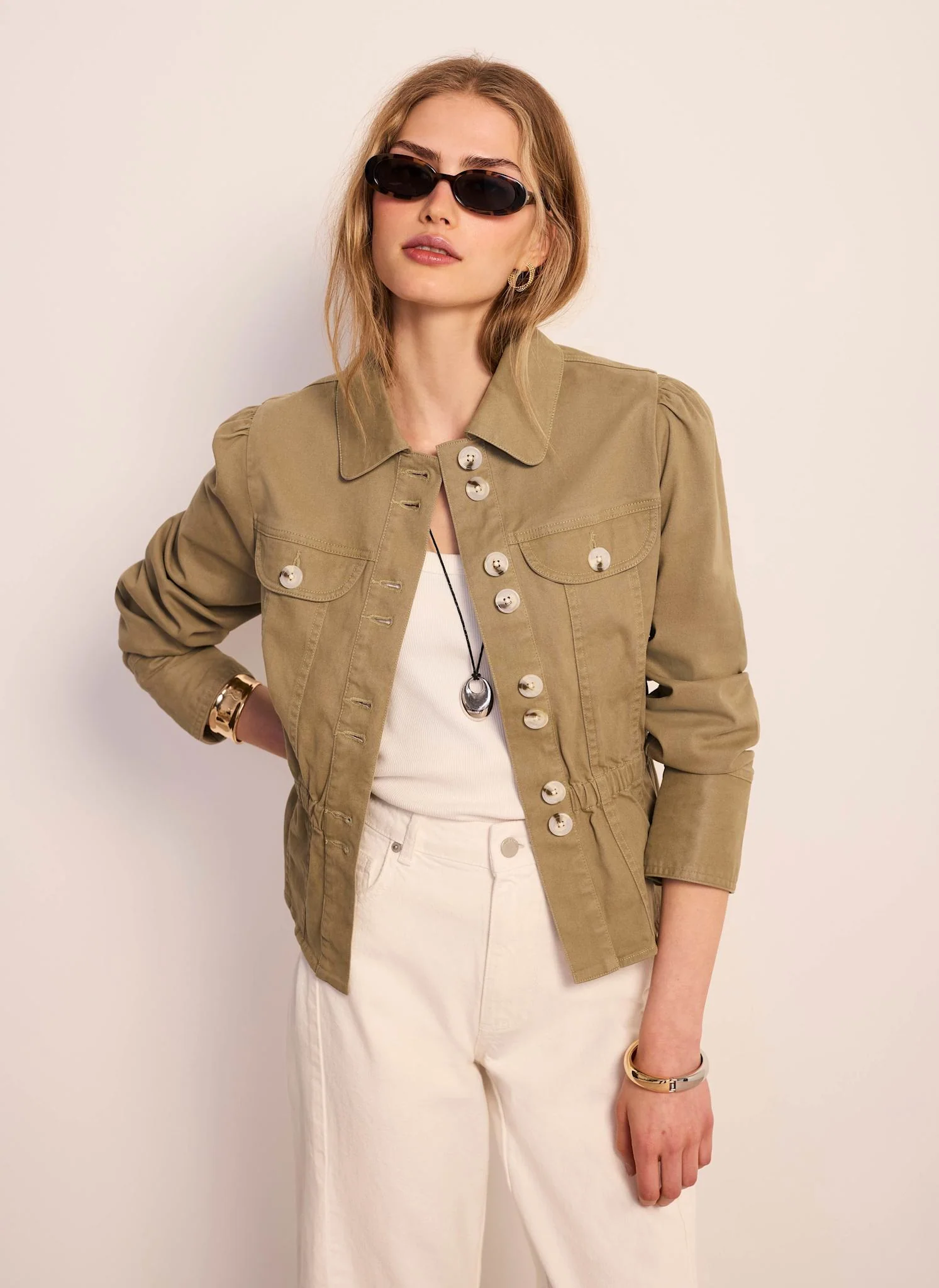 Khaki Cotton Blend Peplum Jacket - Image 3