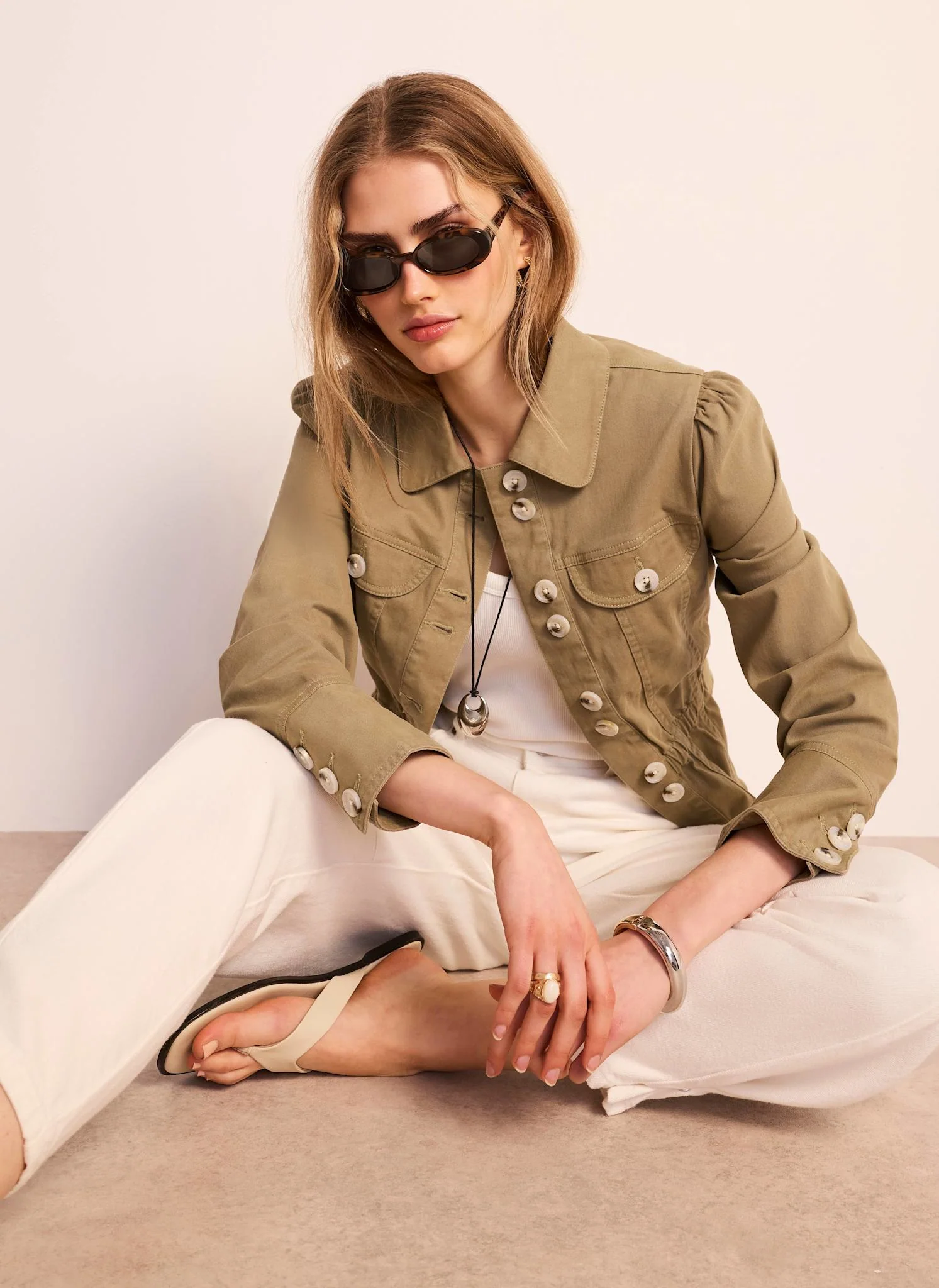 Khaki Cotton Blend Peplum Jacket - Image 4